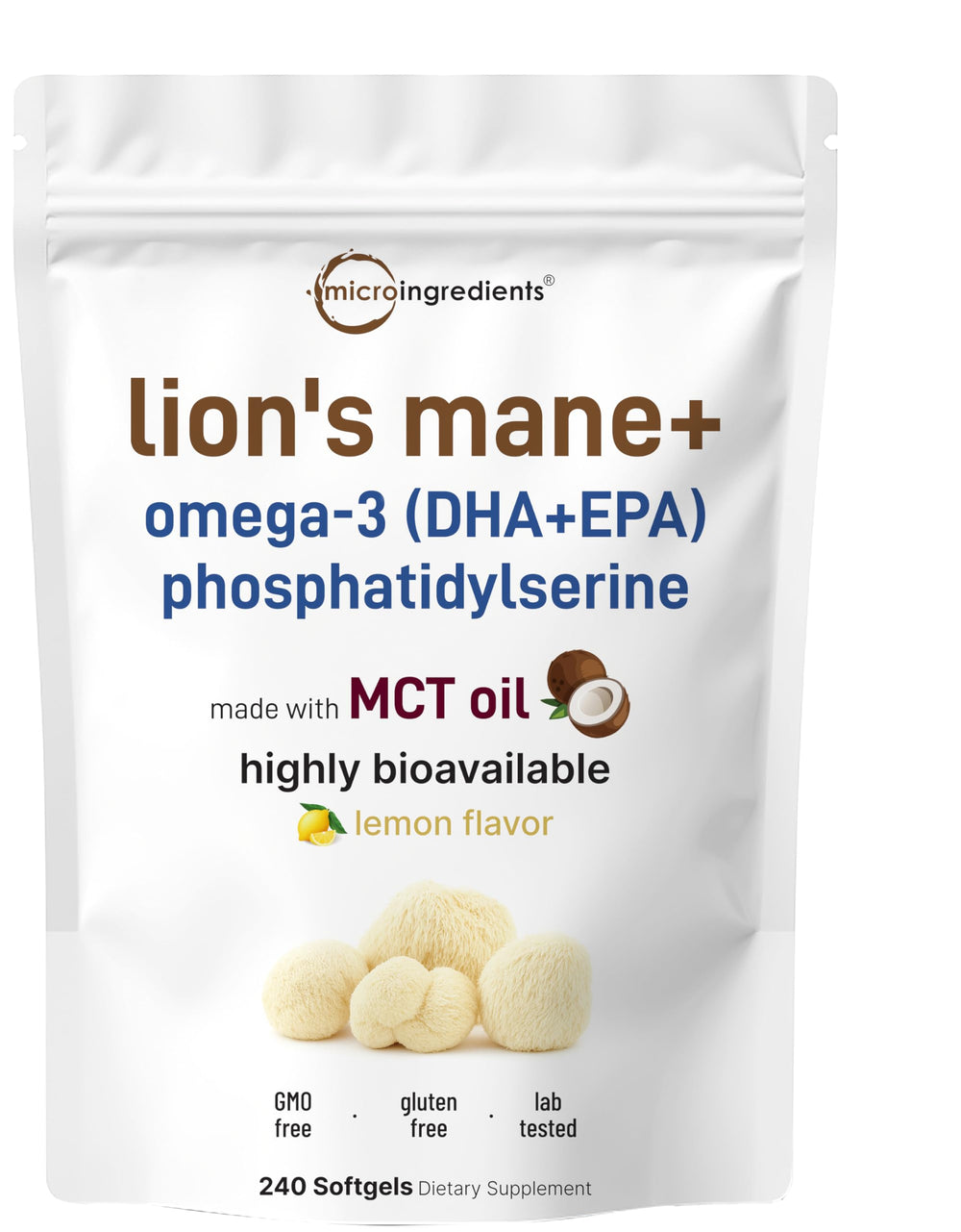 Micro Ingredients Lions Mane+ softgels in bottle with lemon flavor for daily wellness.