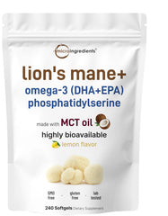 Micro Ingredients Lions Mane+ softgels in bottle with lemon flavor for daily wellness.
