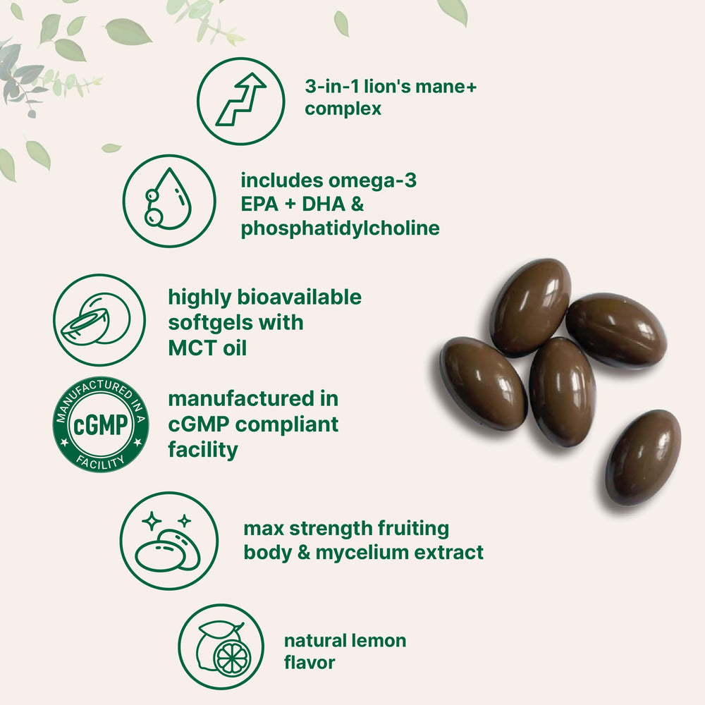 Label highlights DHA and EPA omega-3 content in Lions Mane+ formula.