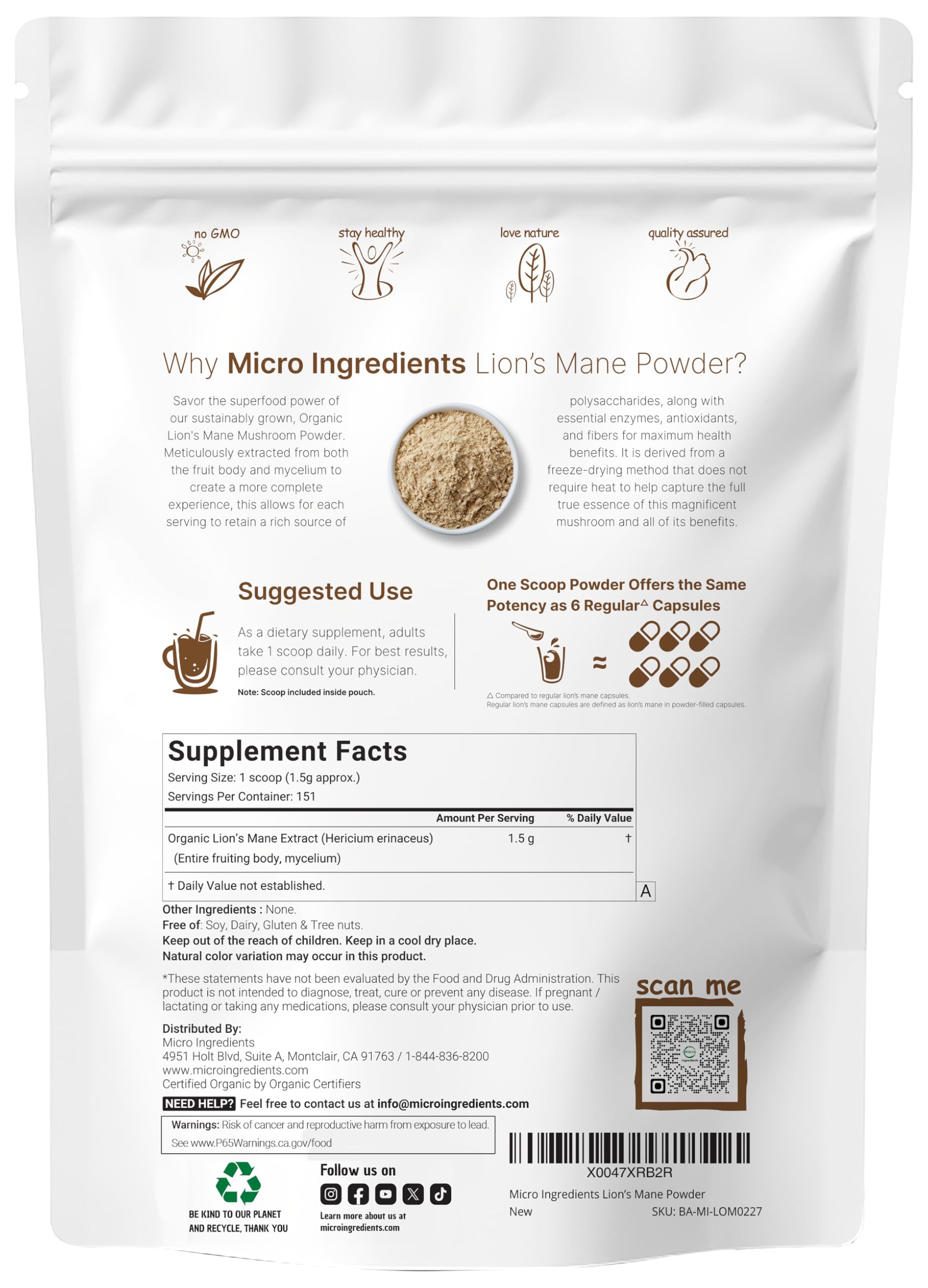 Micro Ingredients Lion’s Mane powder pour scoop for easy daily servings.