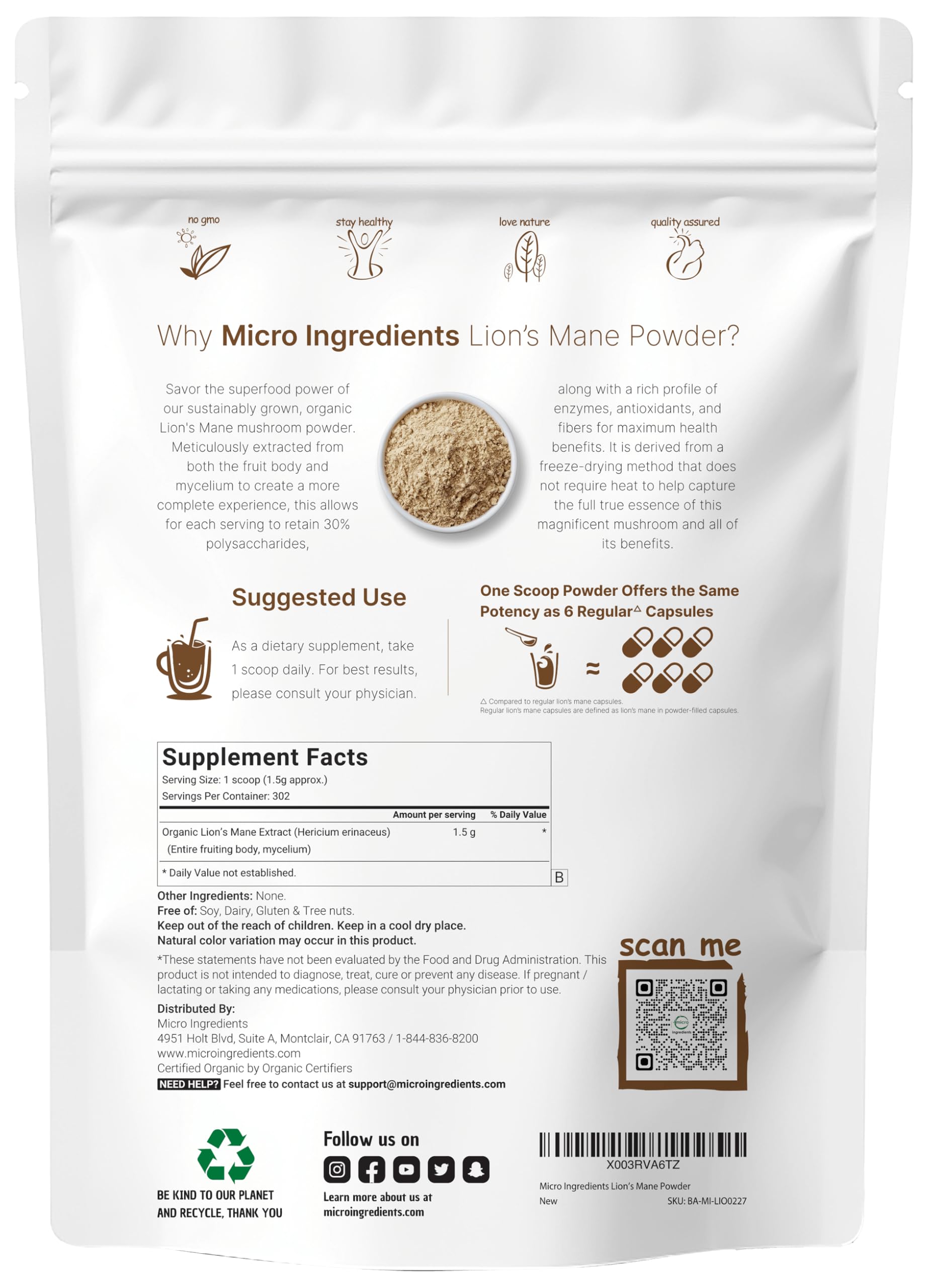 Micro Ingredients Lion's Mane powder scoop for easy serving