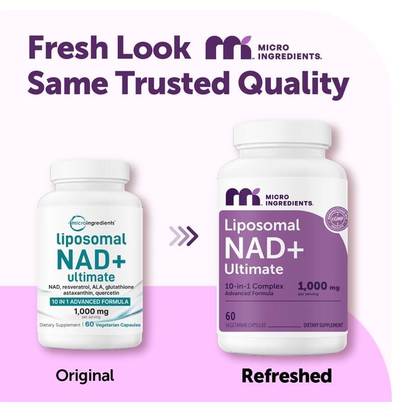 Close-up of Micro Ingredients NAD+ capsules highlighting liposomal delivery technology.