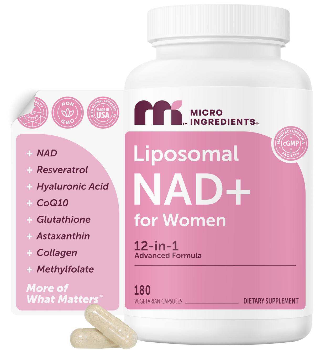 Micro Ingredients Liposomal NAD+ for Women bottle-front illustrates a convenient daily wellness routine.