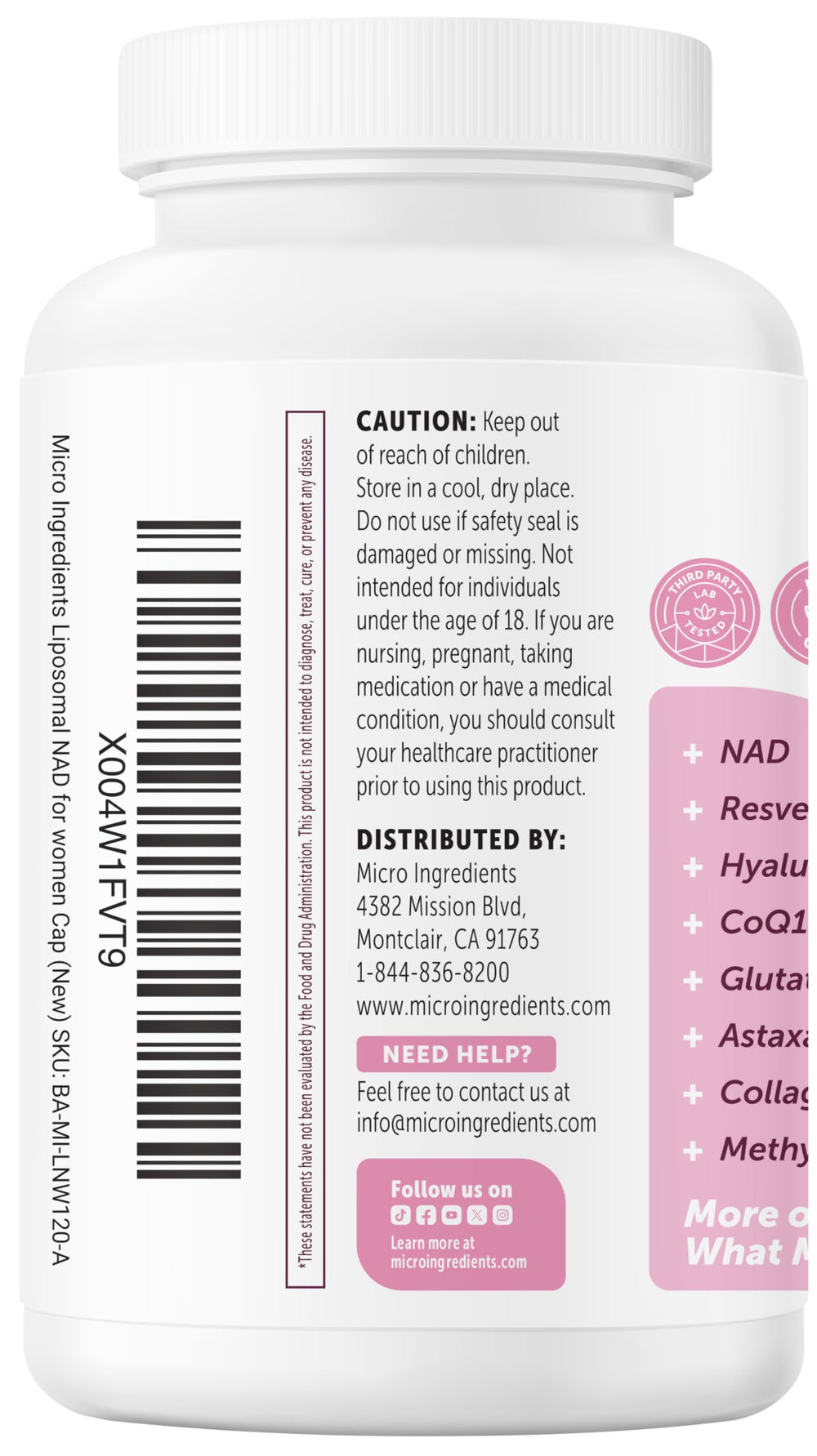Micro Ingredients Liposomal NAD+ for Women bottle-top closeup suggests premium quality and care.