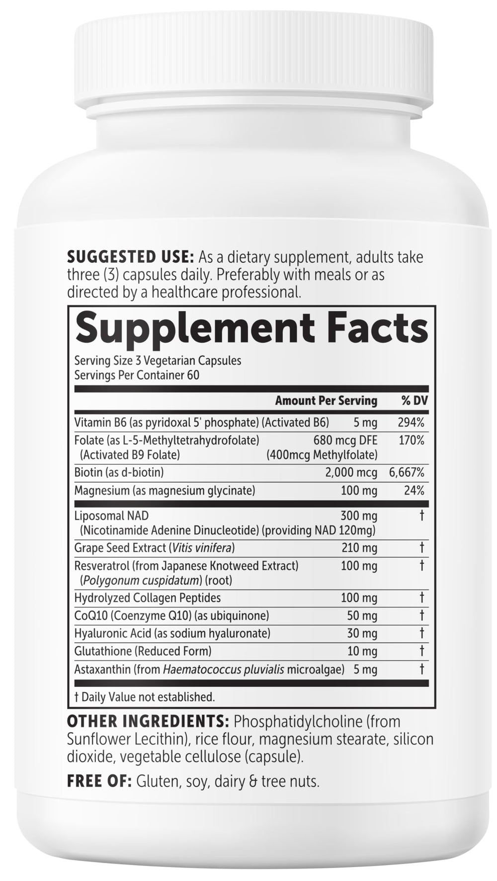 Micro Ingredients Liposomal NAD+ for Women non-GMO seal and allergen-friendly packaging.