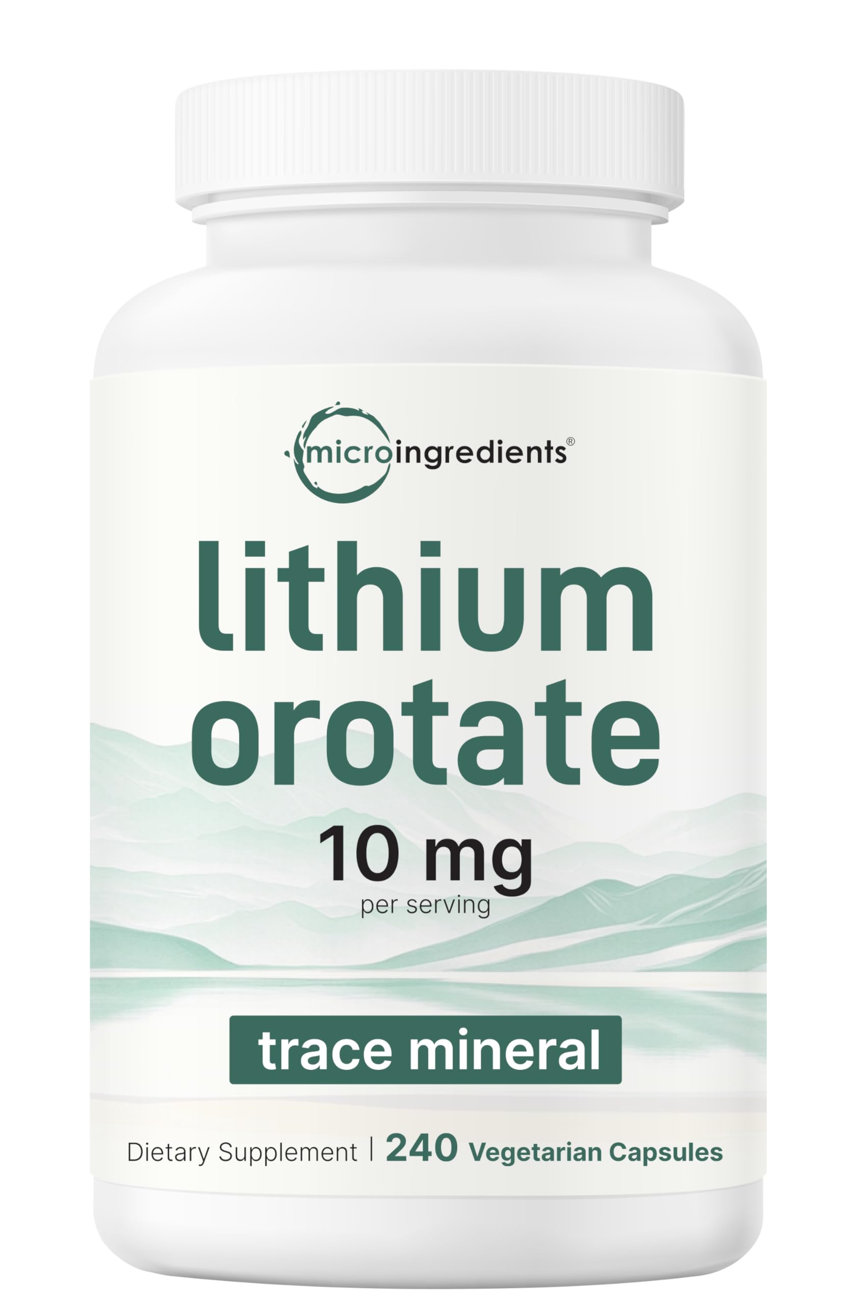 Micro Ingredients Lithium Orotate bottle showing 10mg per serving for daily balance