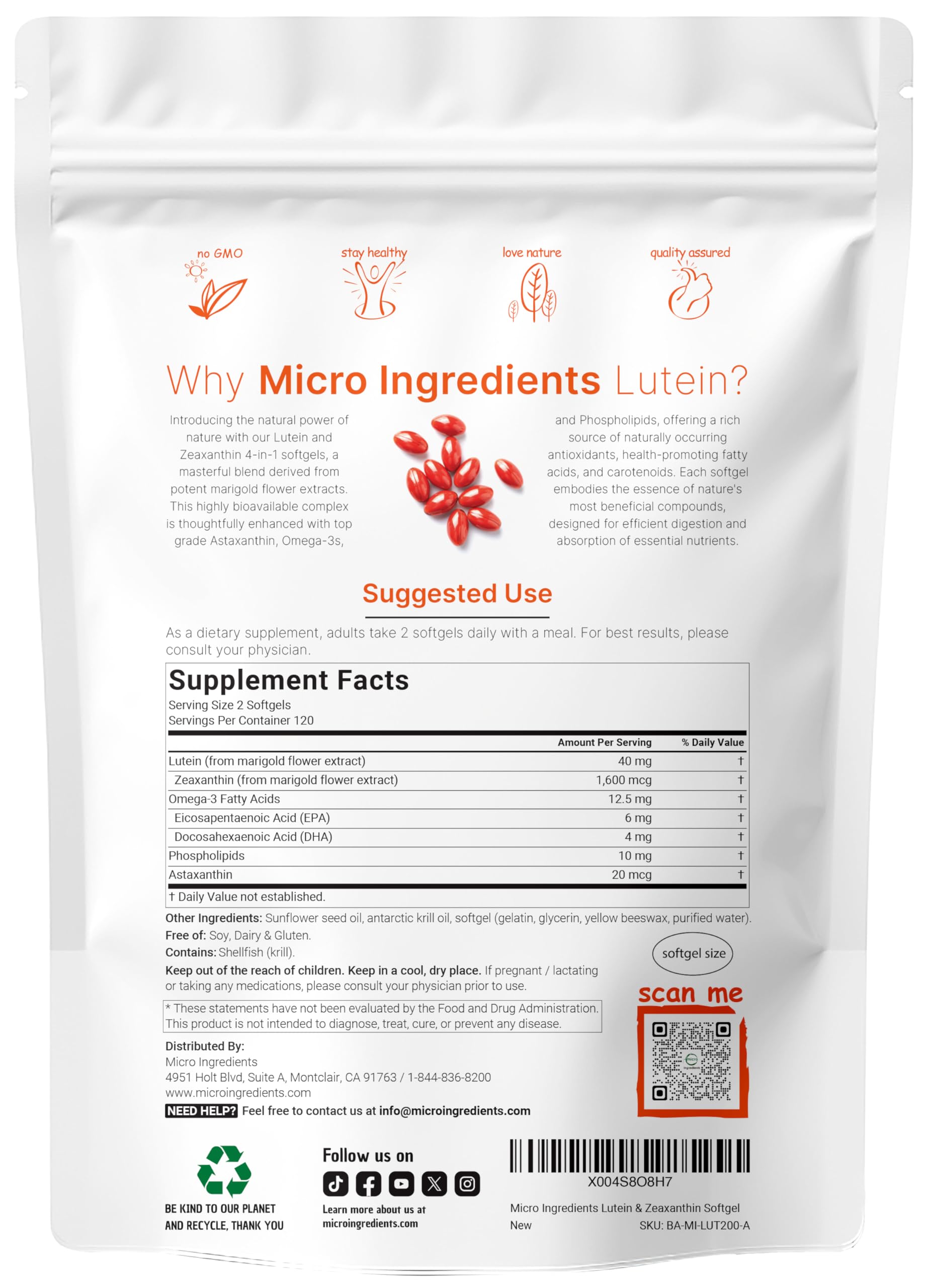 Micro Ingredients lutein-zeaxanthin softgels capsules close-up highlighting easy-to-swallow formula.