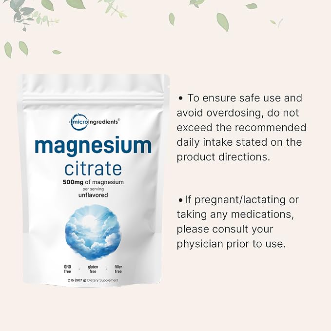 Close-up of Micro Ingredients Magnesium Citrate Powder label highlighting clean ingredients