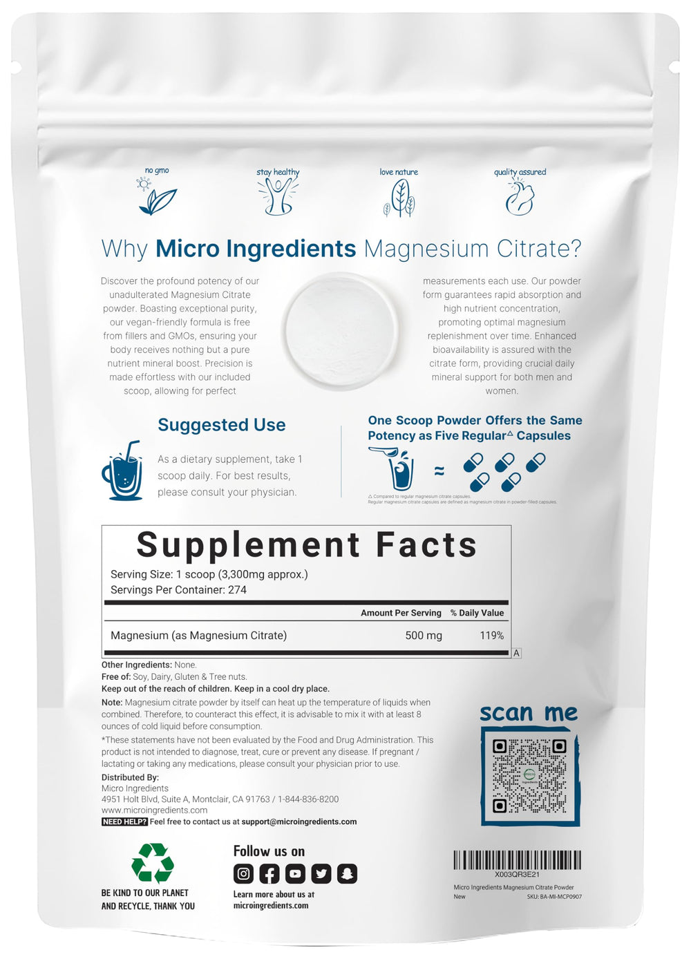 Micro Ingredients Magnesium Citrate Powder scoop for convenient daily dosing
