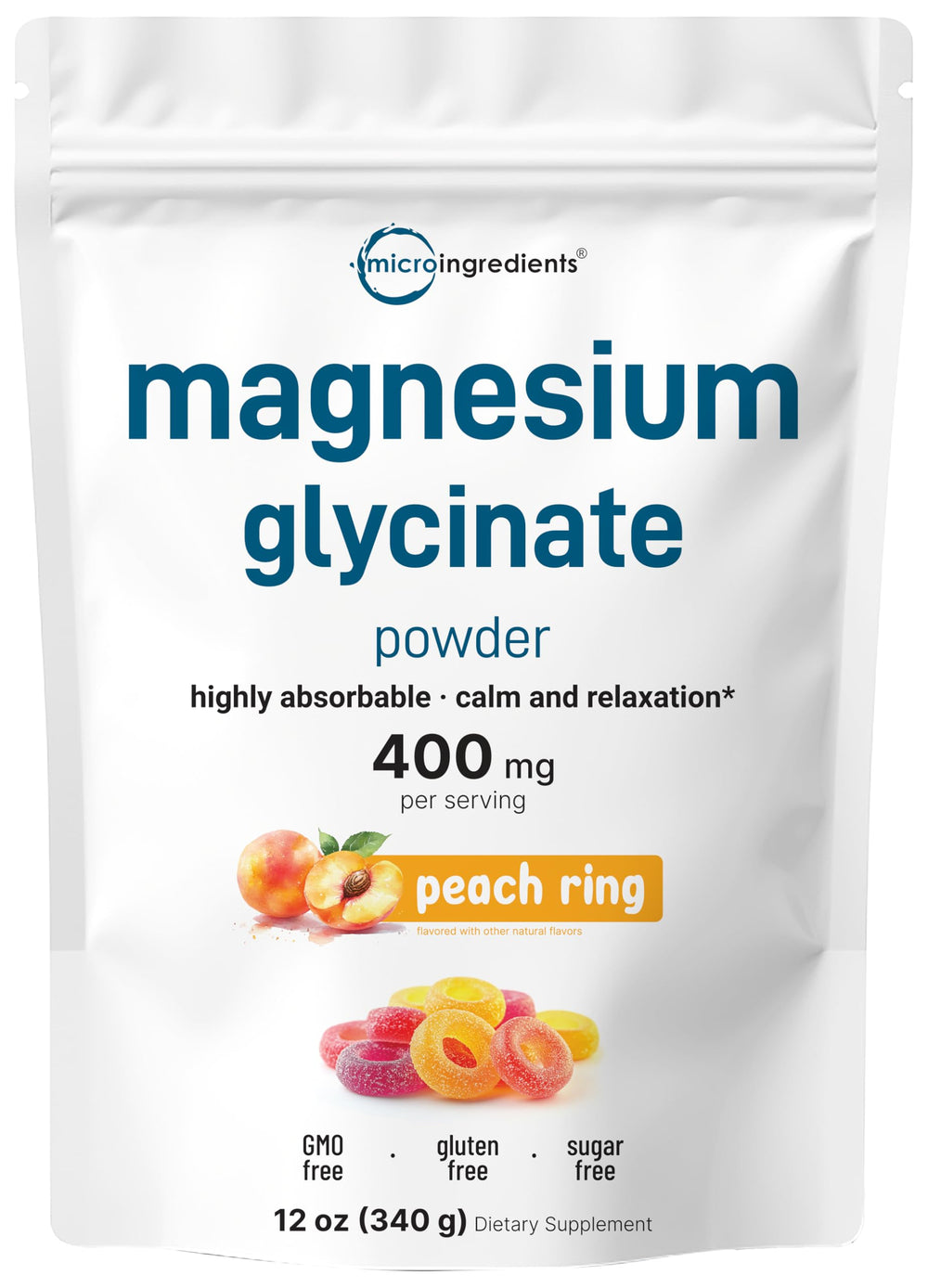 Micro Ingredients magnesium powder tub with sweet peach ring flavor for easy daily supplementation.