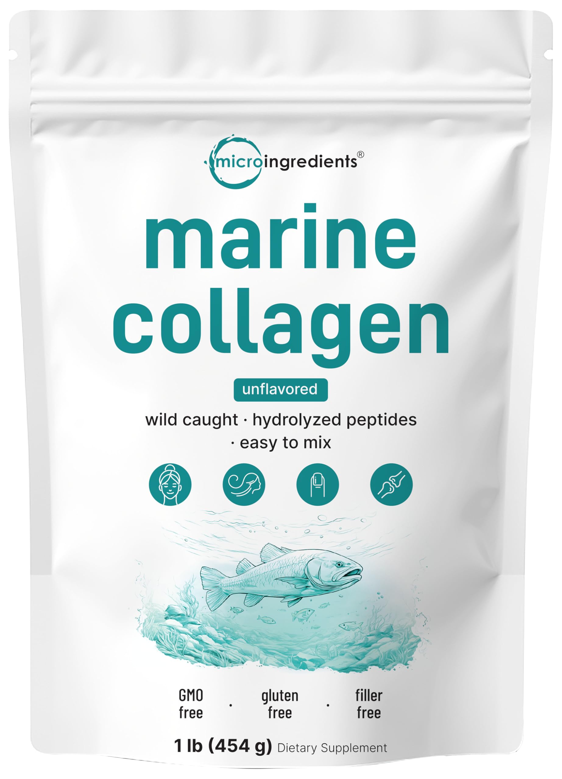 Micro Ingredients marine collagen powder in a 1 lb jar for easy daily use