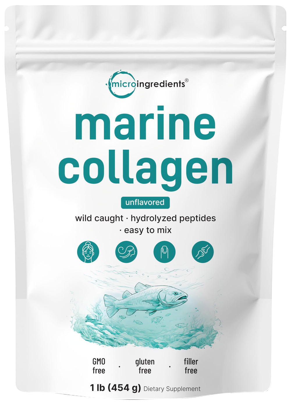 Micro Ingredients marine collagen powder in a 1 lb jar for easy daily use