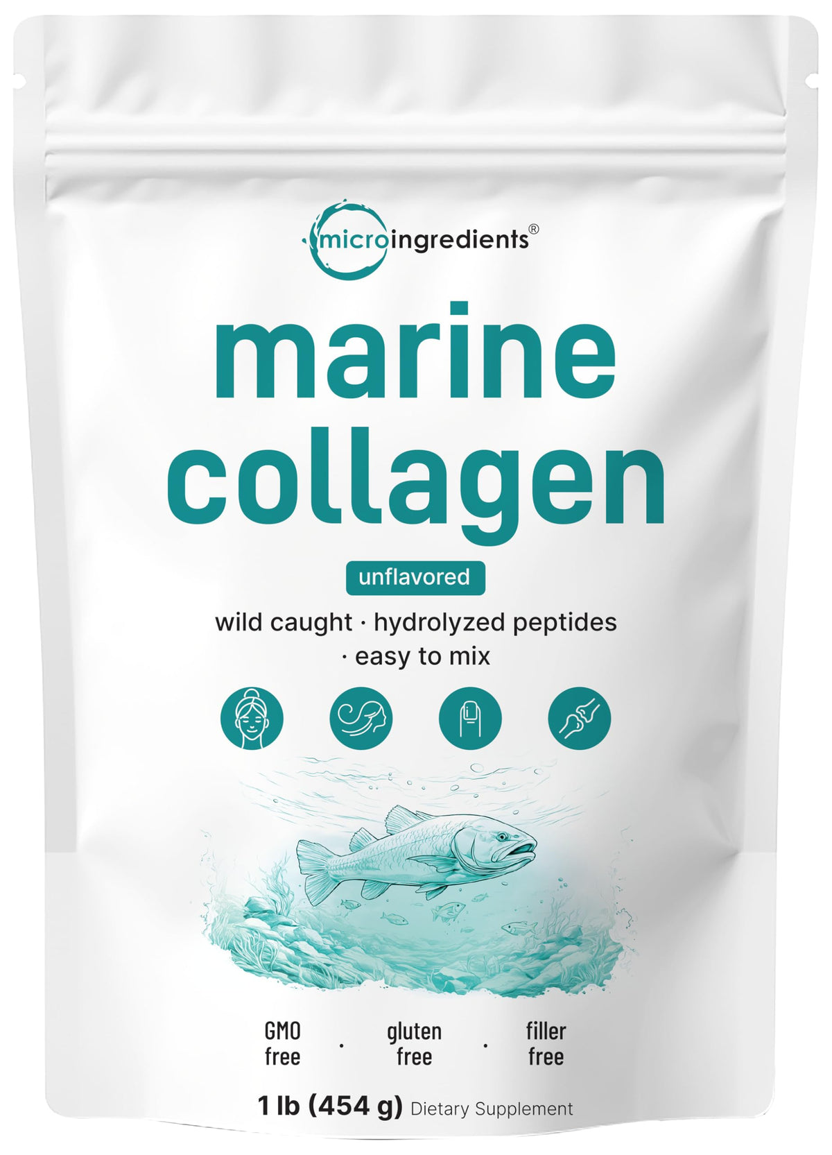 Micro Ingredients marine collagen powder in a 1 lb jar for easy daily use