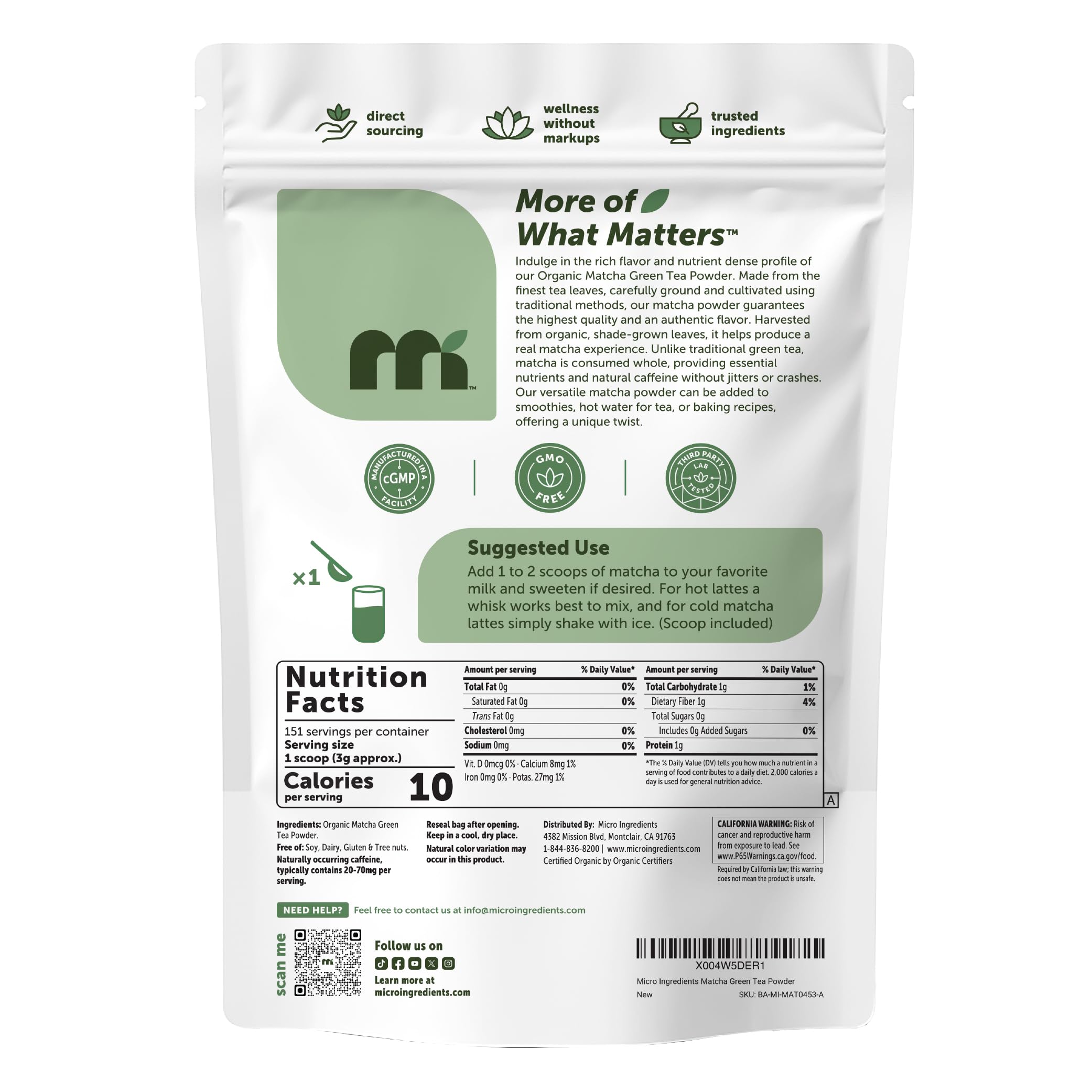 1 lb bag of matcha powder, convenient for frequent users.
