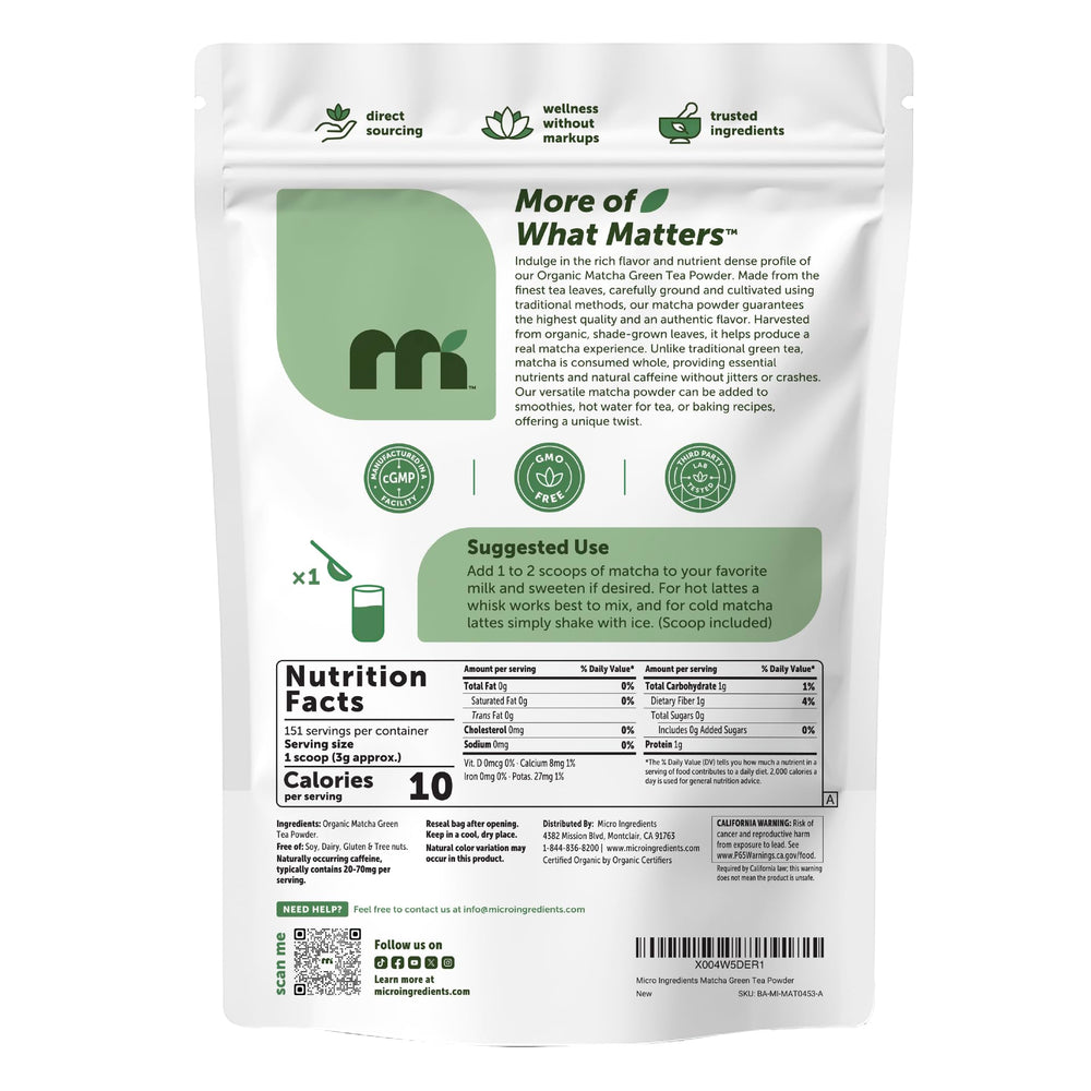 1 lb bag of matcha powder, convenient for frequent users.