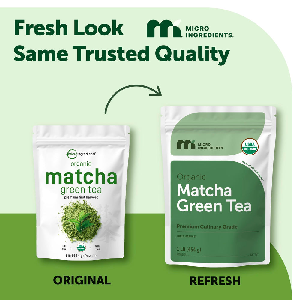 Micro Ingredients matcha jar on shelf, culinary grade quality for smoothies and lattes.