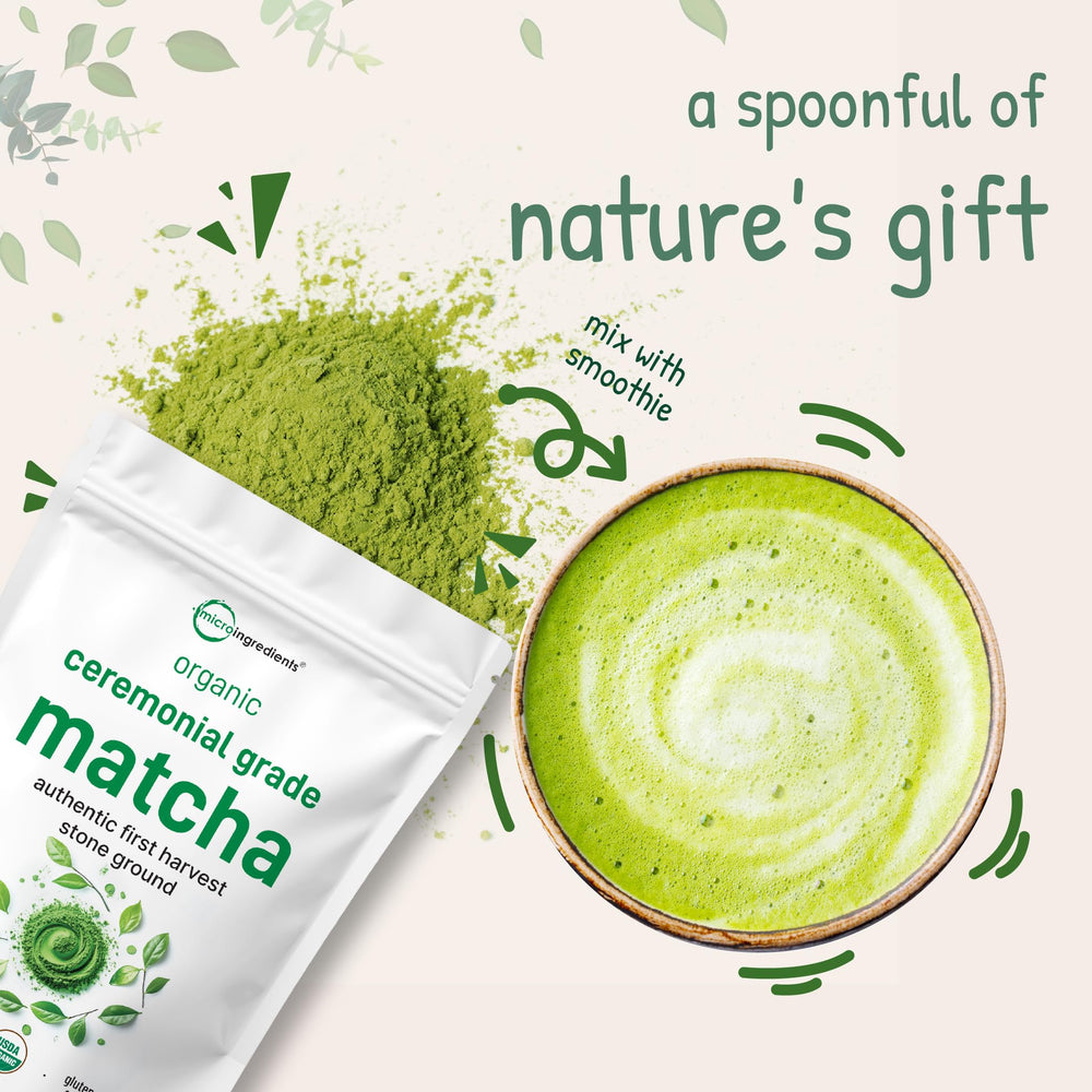 Pouring Micro Ingredients matcha powder into hot water for a vivid green cup