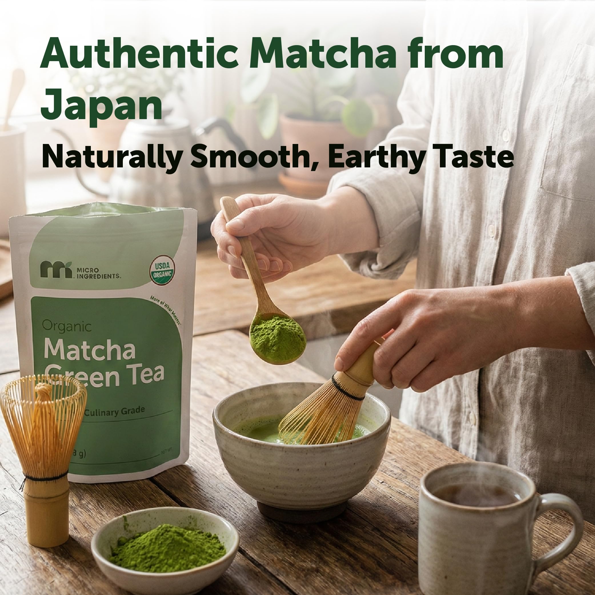 Green smoothie with matcha swirl, highlighting quick energizing add-in.