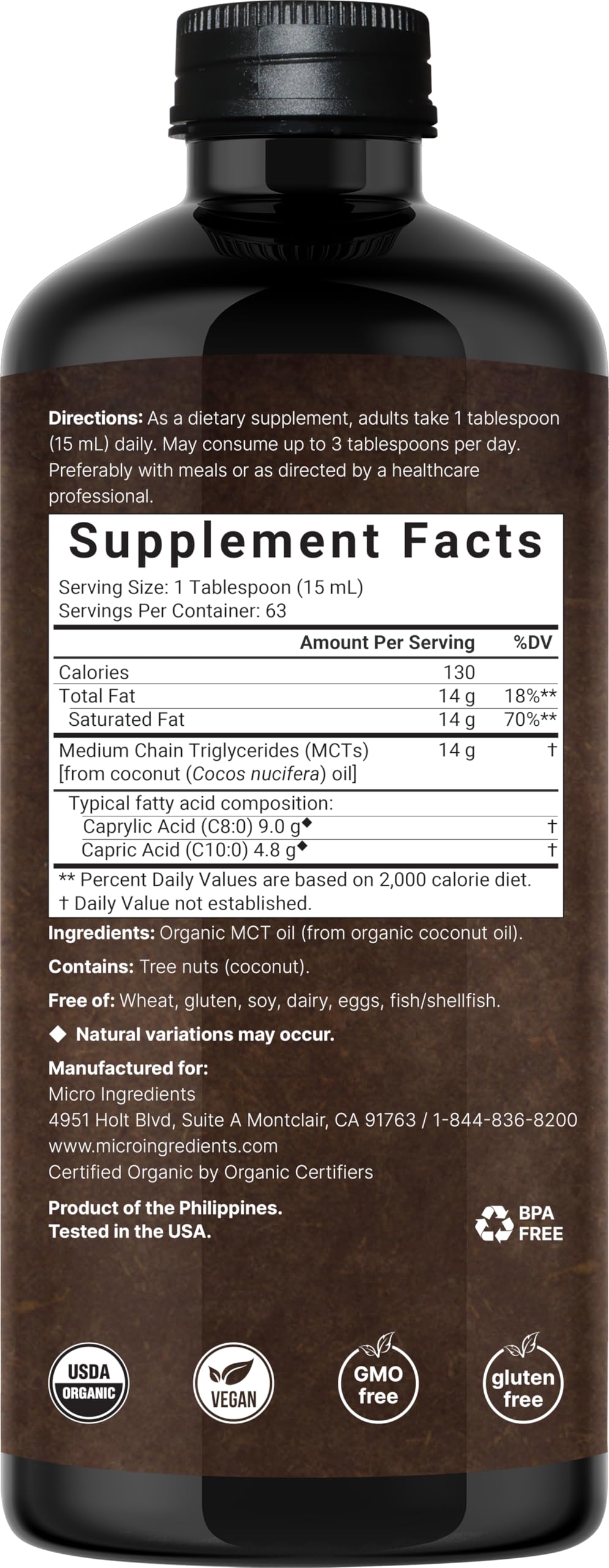 Micro Ingredients MCT Oil Organic bottle beside salad dressing for keto-ready meals.