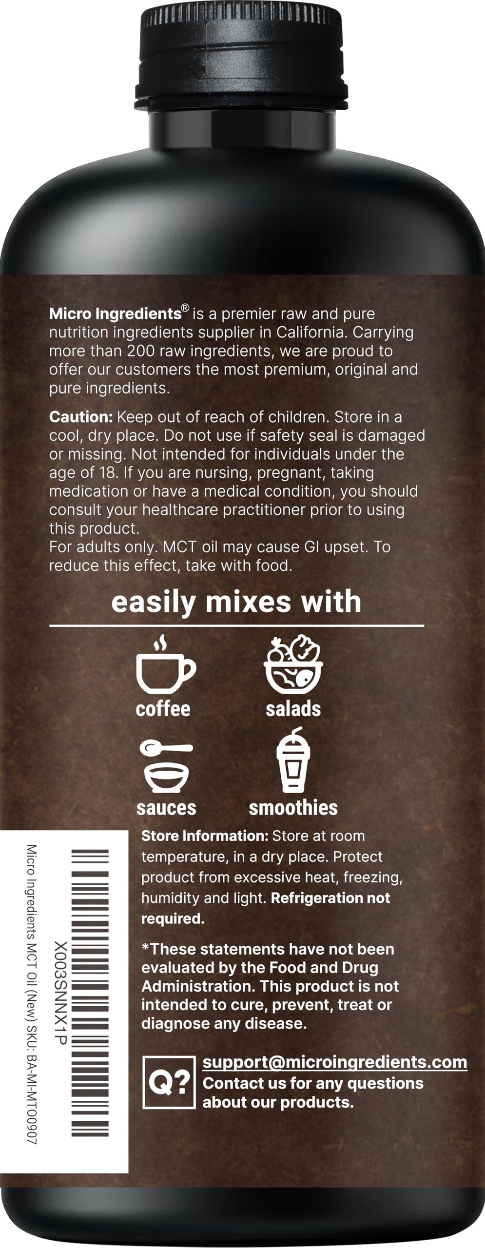 Micro Ingredients MCT Oil Organic third-party lab tested seal.
