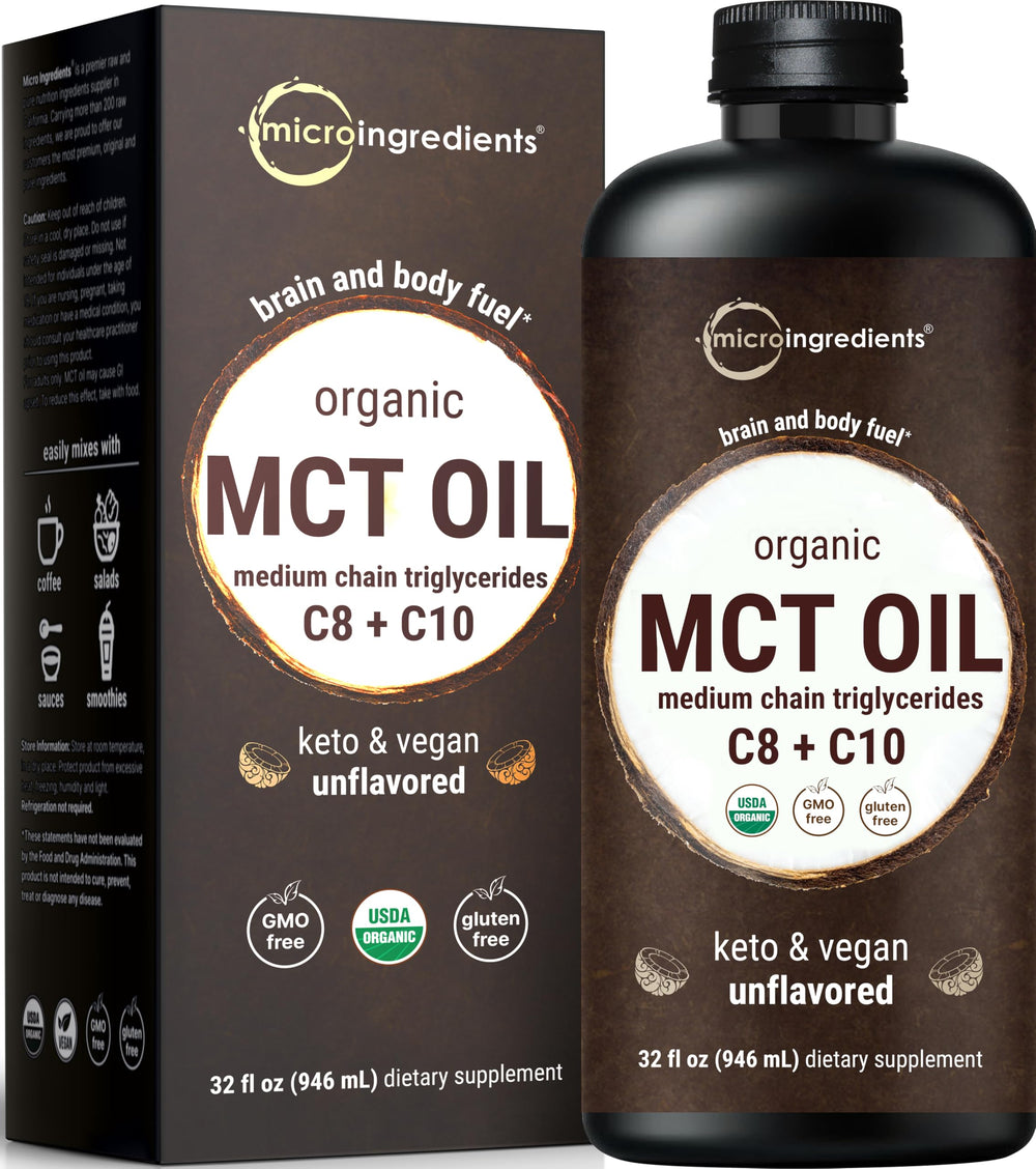 Micro Ingredients MCT Oil Organic bottle pouring into coffee for quick energy.