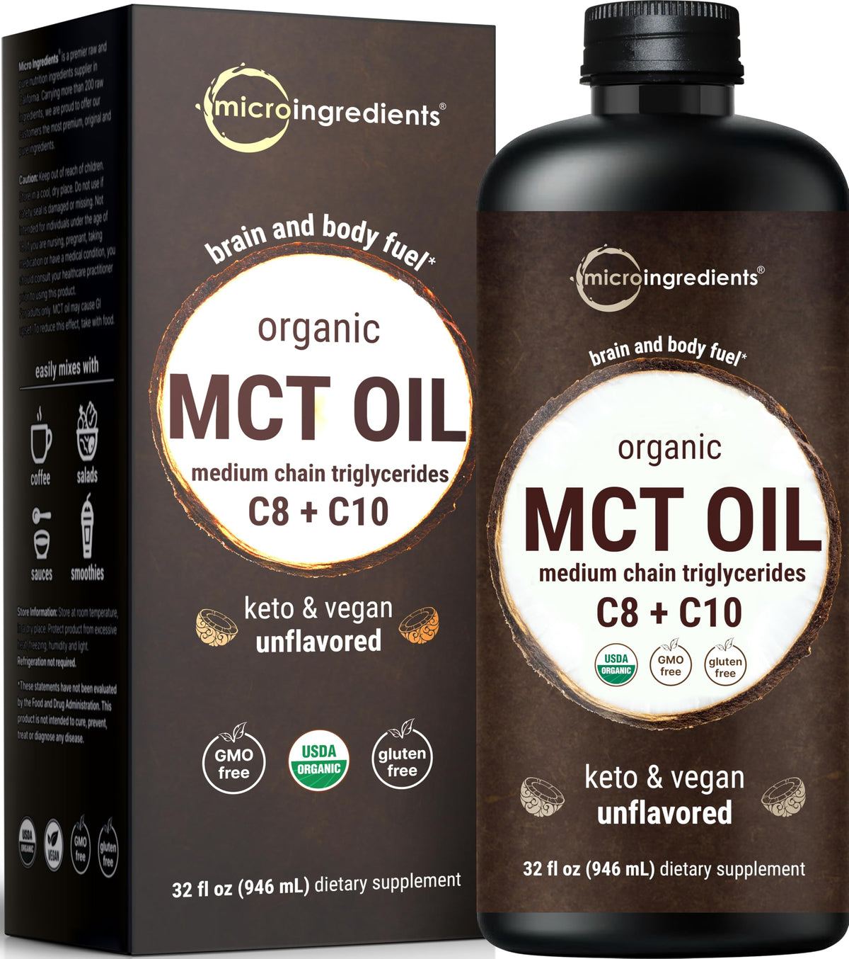 Micro Ingredients MCT Oil Organic bottle pouring into coffee for quick energy.