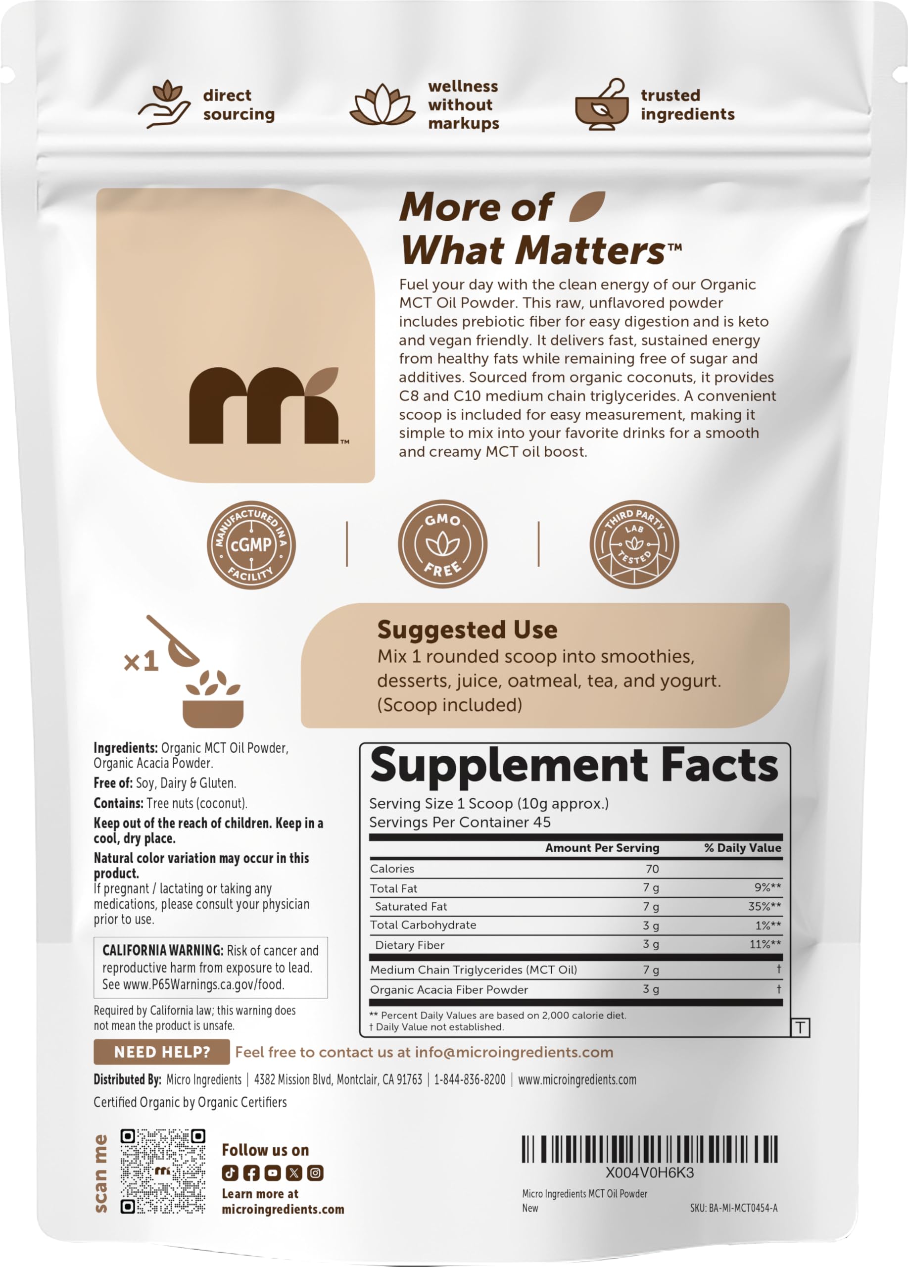 Micro Ingredients MCT Oil Powder nutrition label highlights organic keto-friendly ingredients