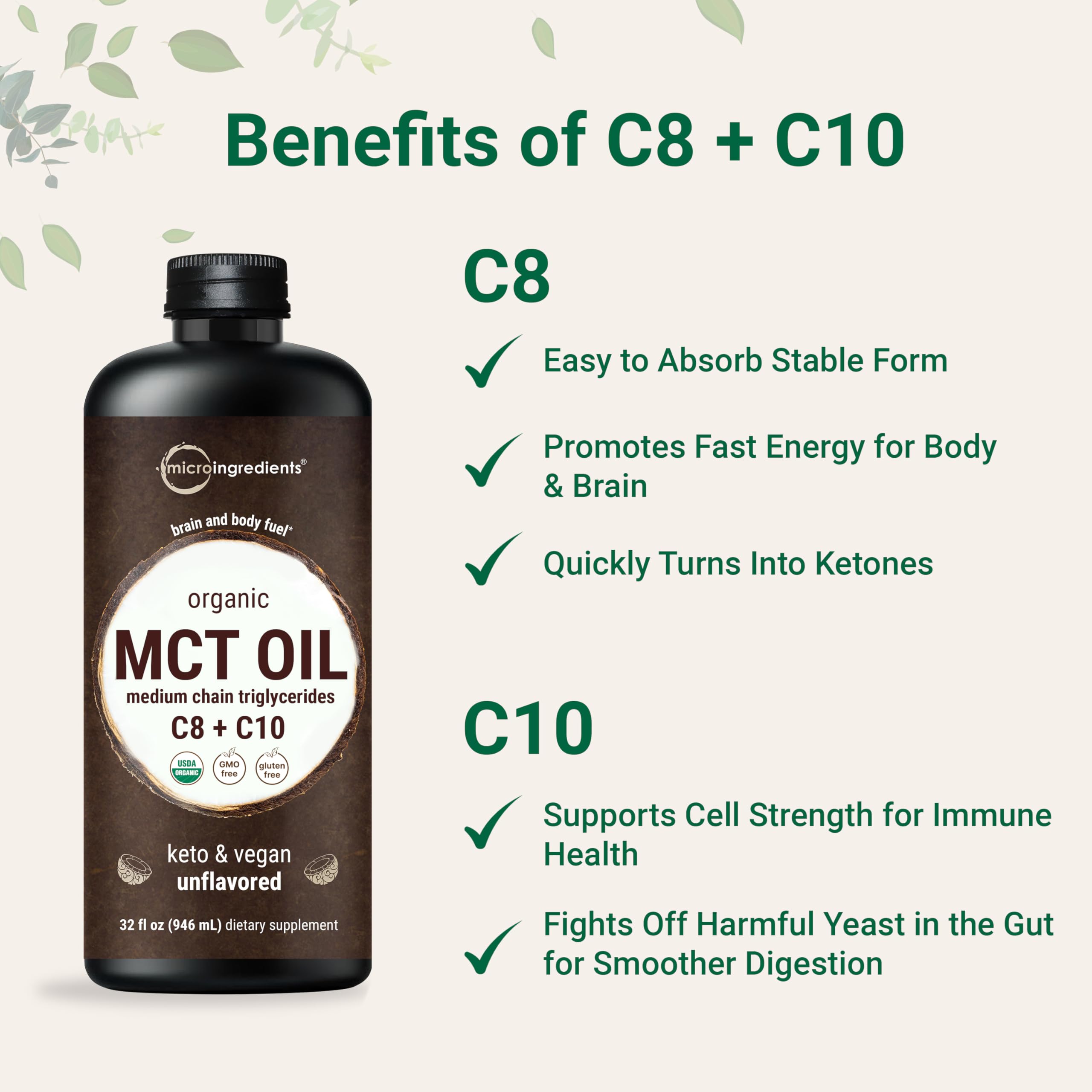 Micro Ingredients MCT Oil Organic bottle pouring into a smoothie for versatility.