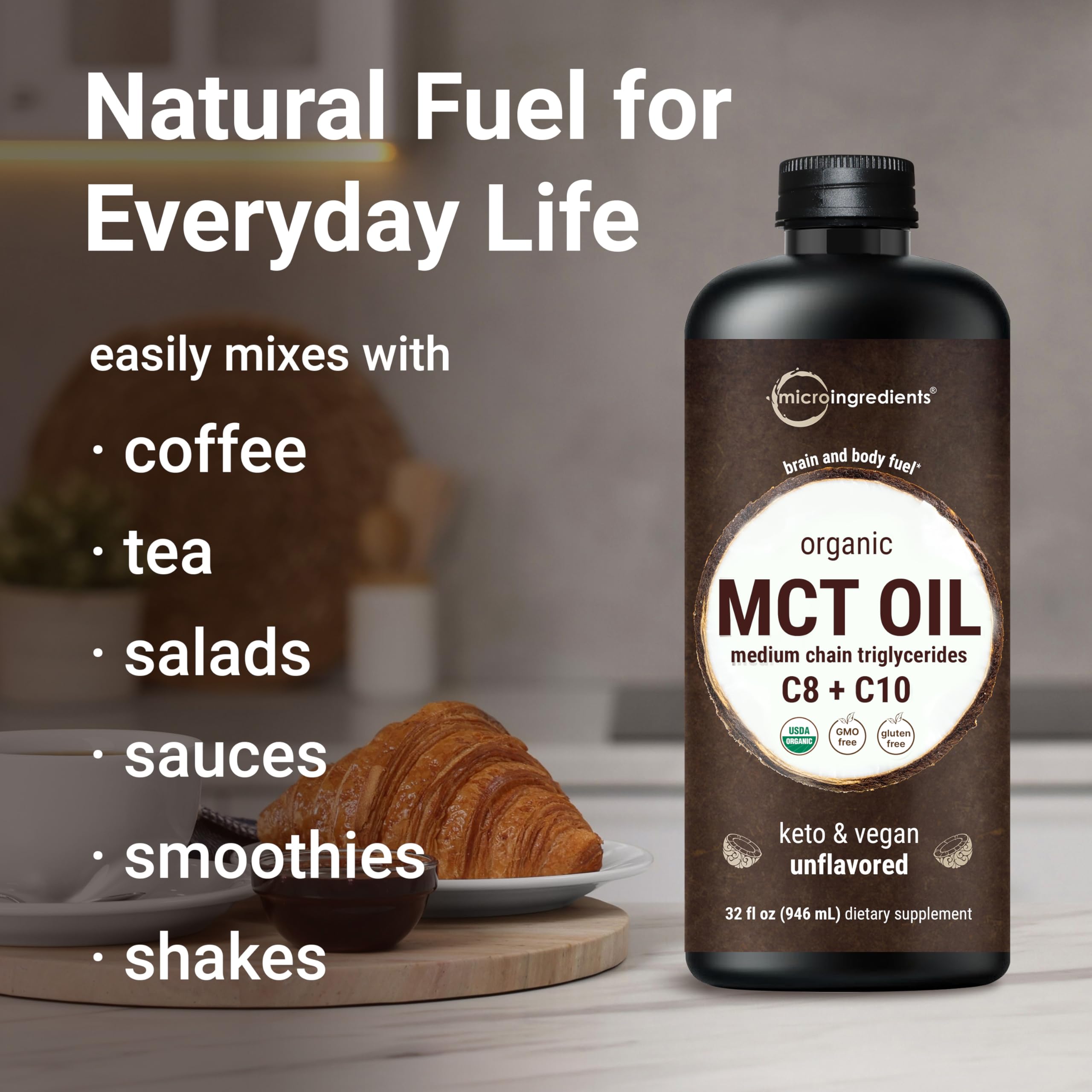 Micro Ingredients MCT Oil Organic bottle with coconut imagery for cooking versatility.
