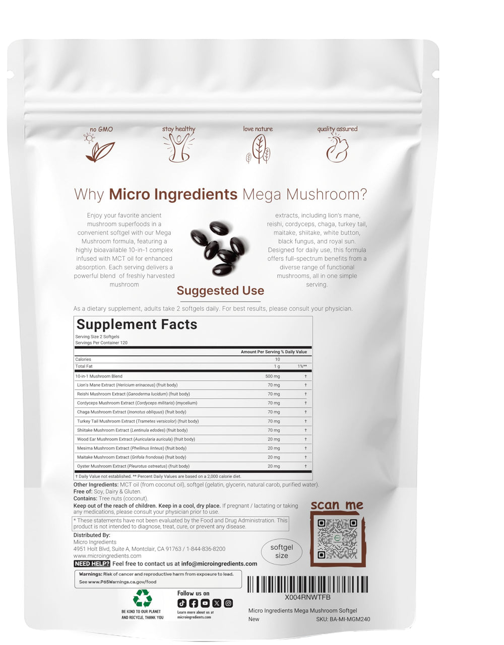 Close-up of Micro Ingredients Mega Mushroom label showing product details.