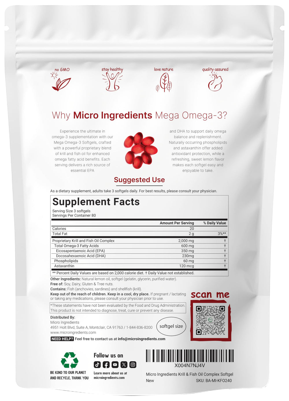 Micro Ingredients Mega Omega-3 bottle label featuring lemon flavor and burpless design