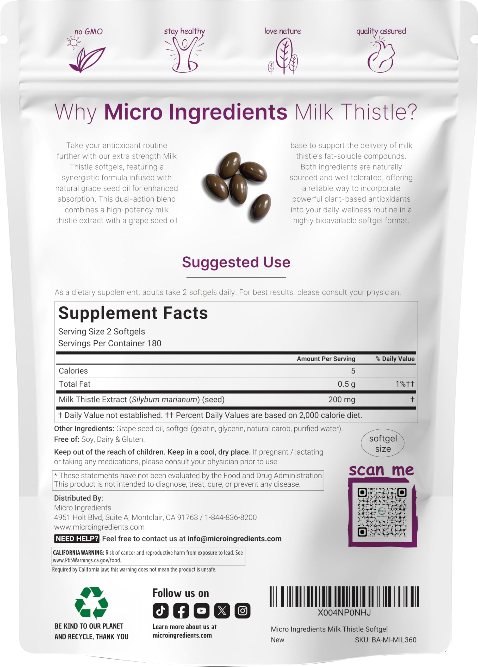 Micro Ingredients milk thistle softgels packaging pouch showing 360-count supply.