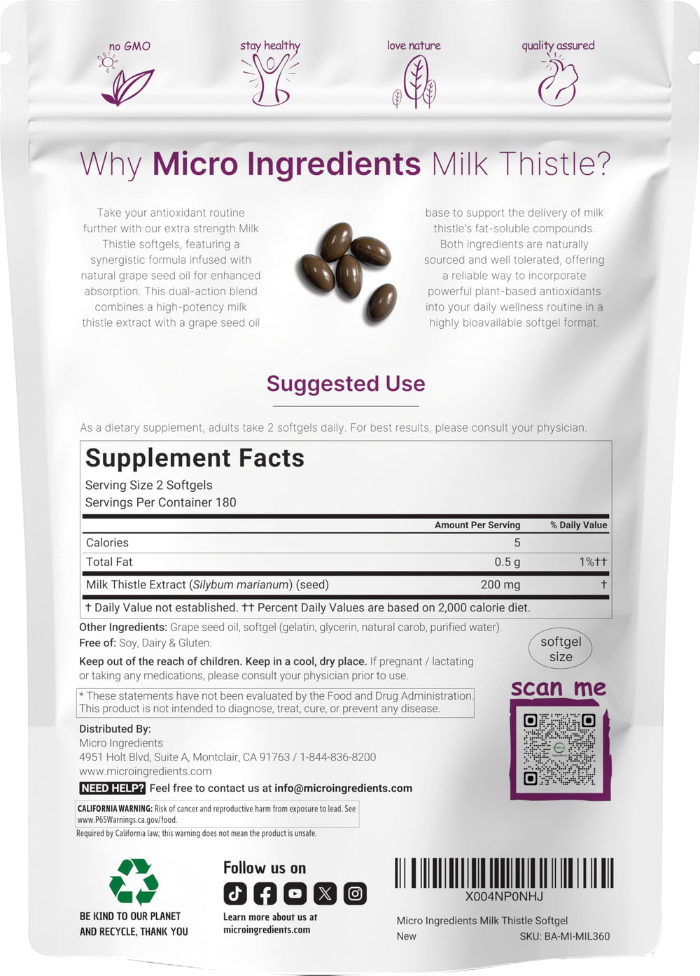 Micro Ingredients milk thistle softgels packaging pouch showing 360-count supply.