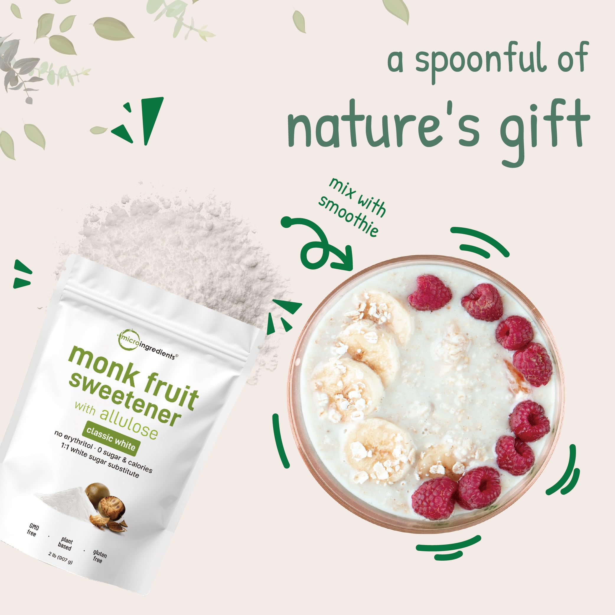 Non-GMO label on Micro Ingredients monk fruit allulose signals purity for kitchen use.