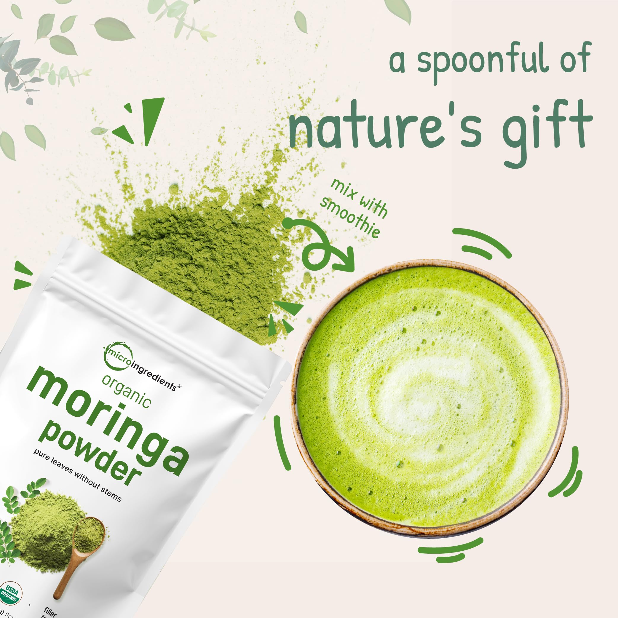 Micro Ingredients Moringa leaf powder cup served with a flavorful beverage