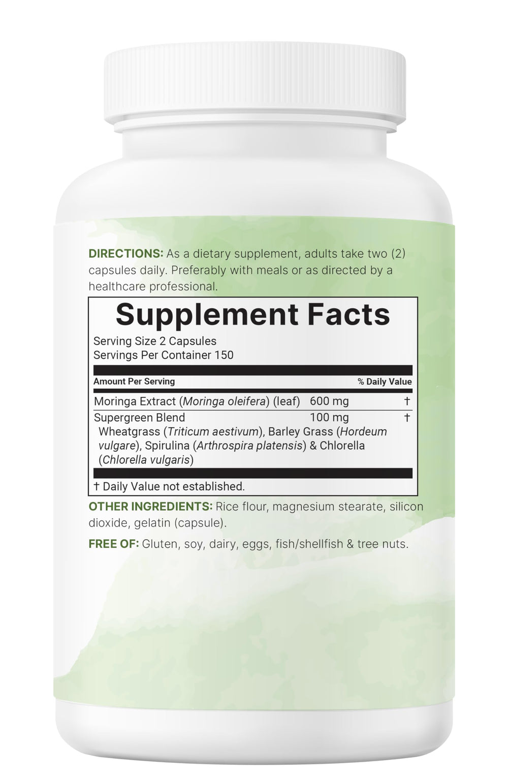Side view of a Moringa Oleifera bottle emphasizing bulk size