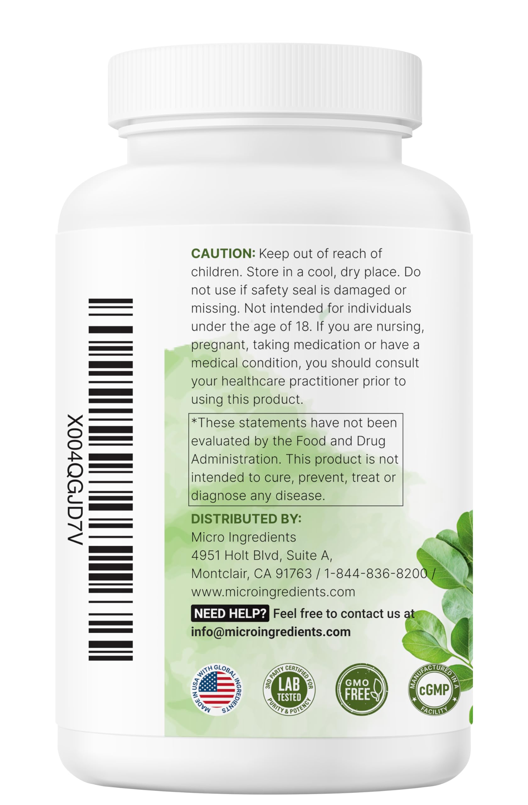 Bottle with nutrition label showing serving size and ingredients