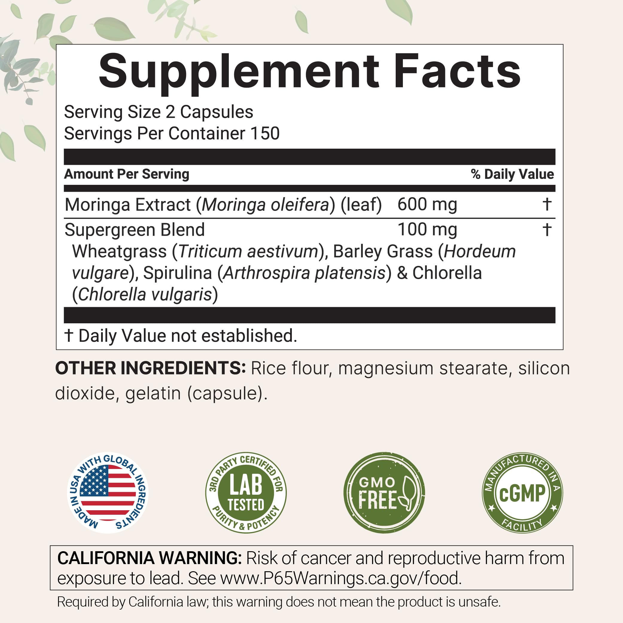 Close-up of Moringa Oleifera capsules with supergreens blend