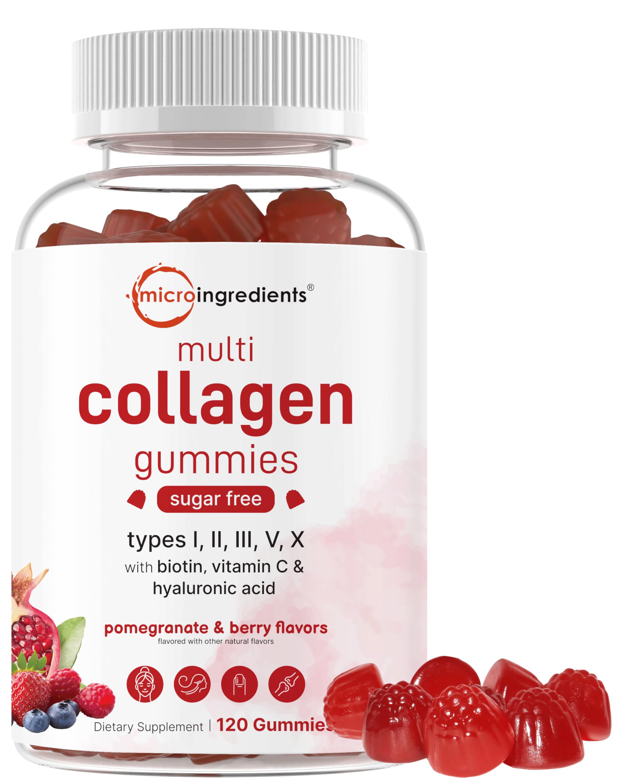 Micro Ingredients multi collagen gummies bottle promotes healthy hair and radiant skin