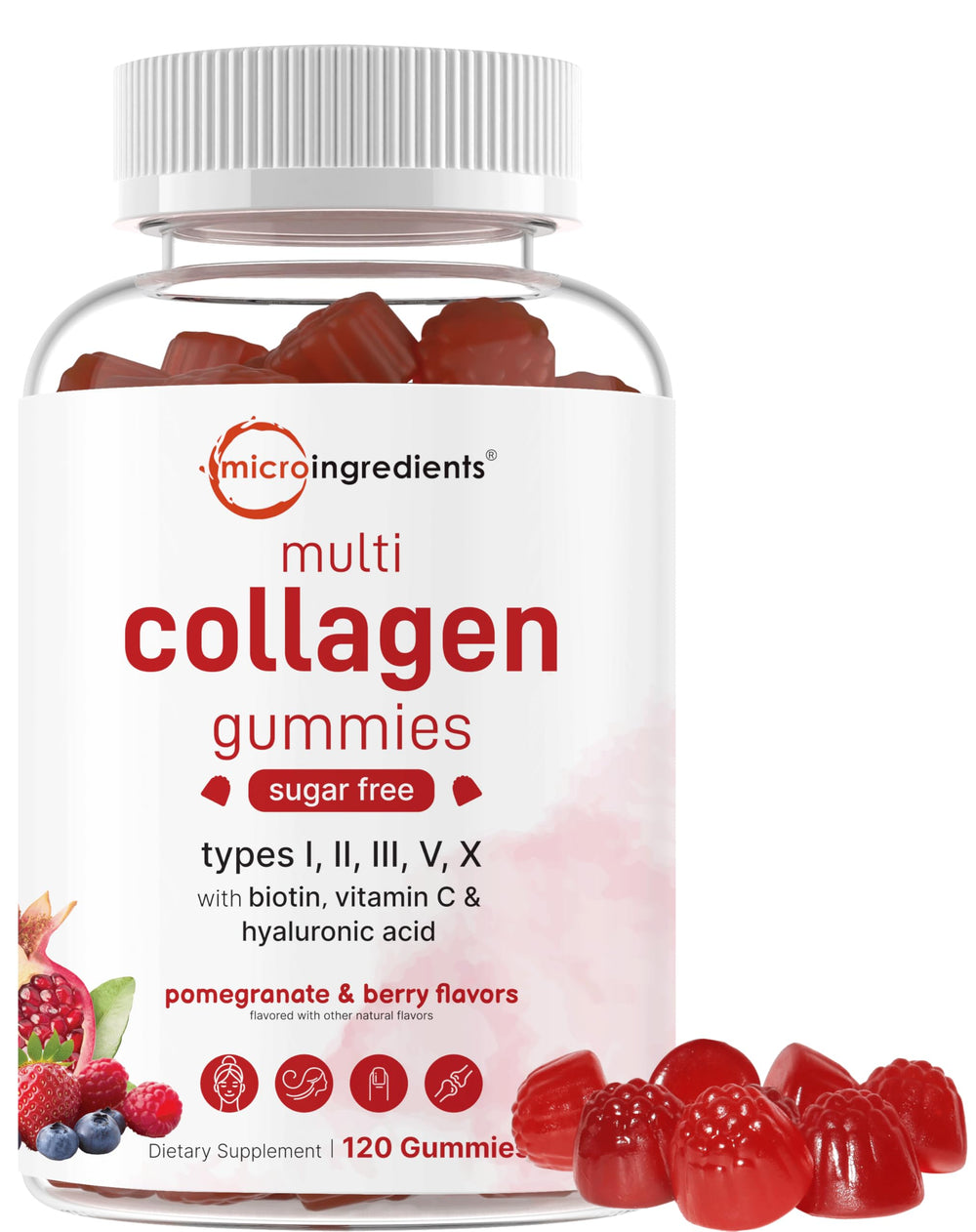 Micro Ingredients multi collagen gummies bottle promotes healthy hair and radiant skin