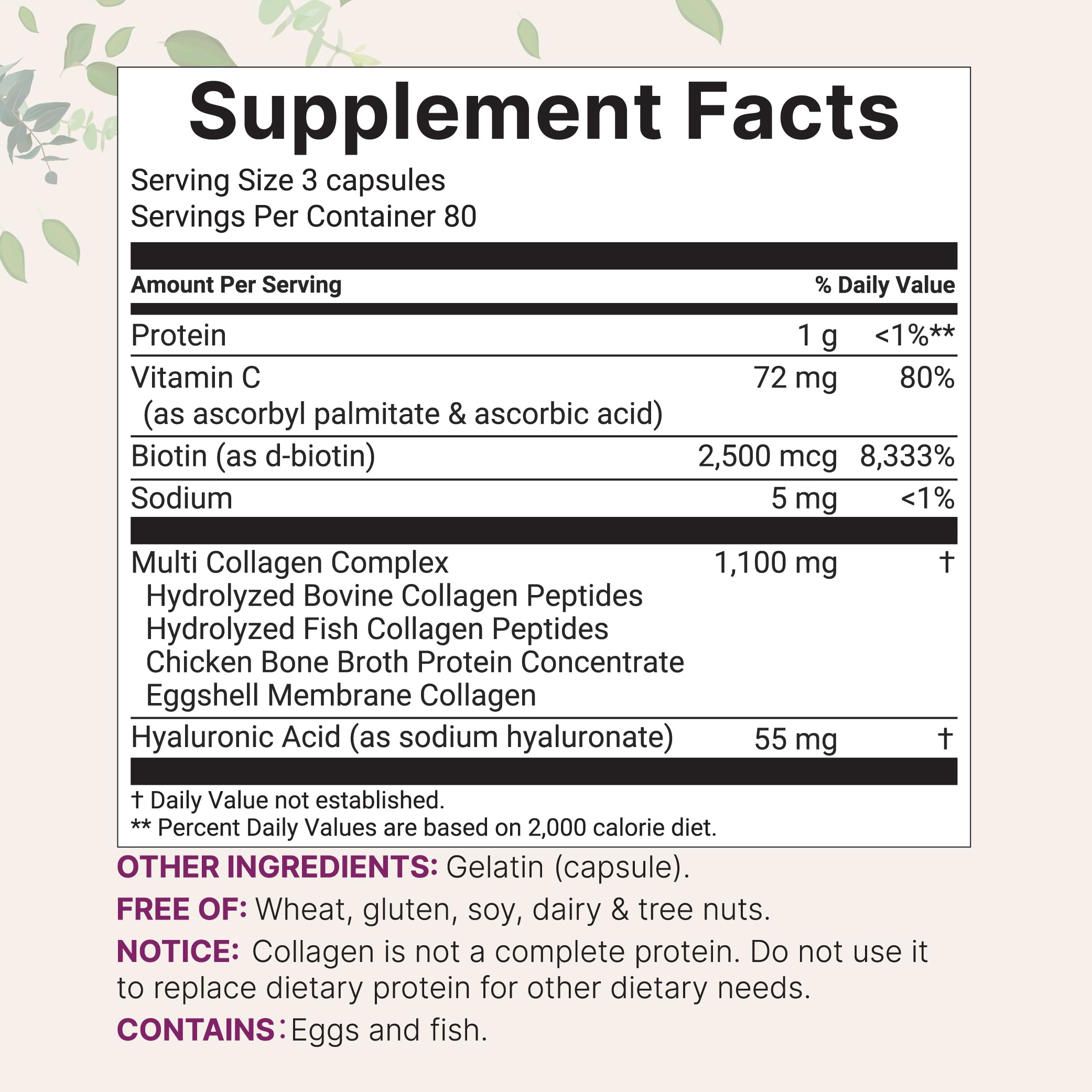 Micro Ingredients label detail shows full-spectrum collagen and Biotin addition for beauty support