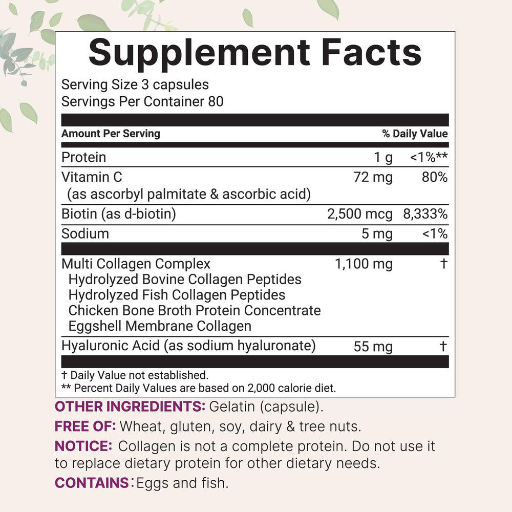 Micro Ingredients label detail shows full-spectrum collagen and Biotin addition for beauty support