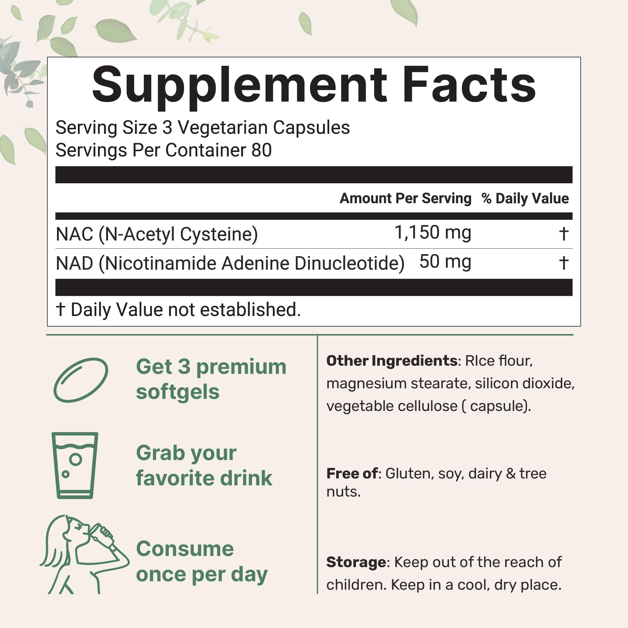 Micro Ingredients NAC with NAD+ bottle back displays ingredients and dosage details.