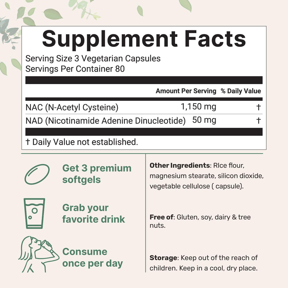 Micro Ingredients NAC with NAD+ bottle back displays ingredients and dosage details.