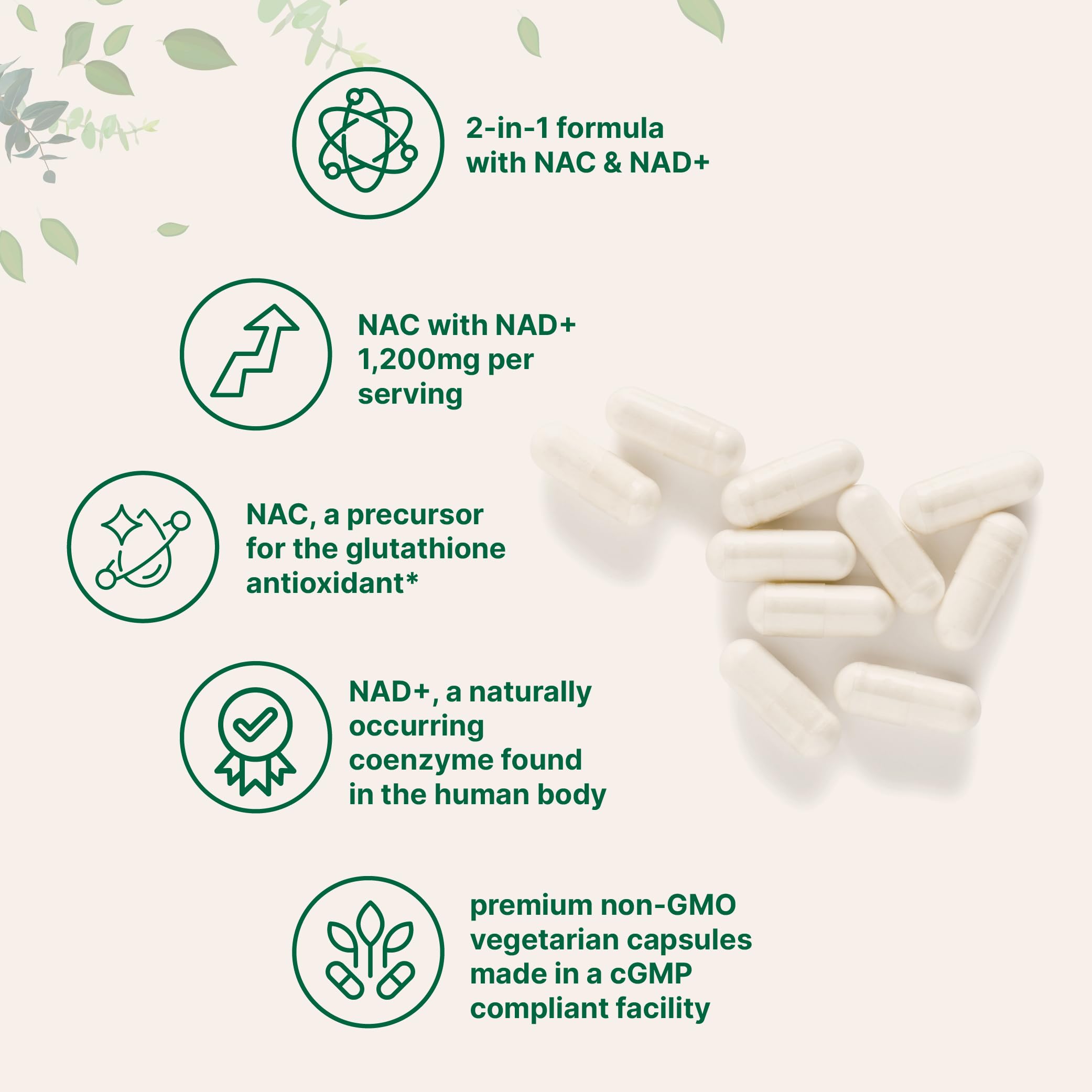 Close-up of NAC with NAD+ capsules inside the bottle for easy use.