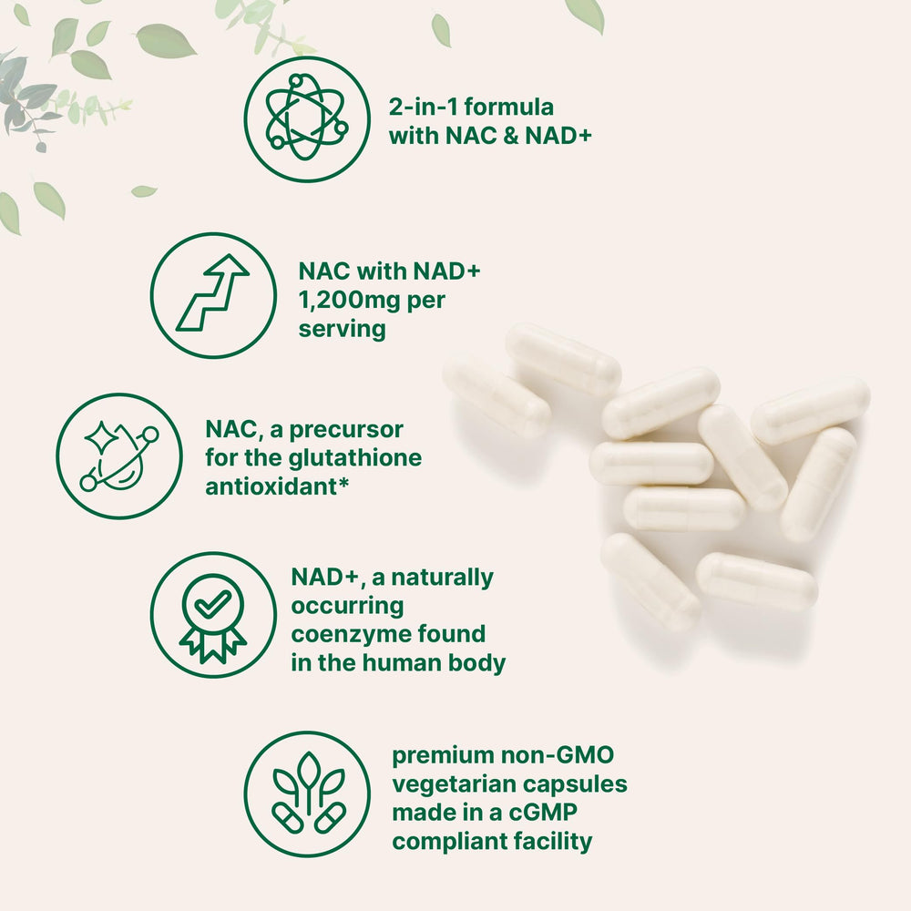 Close-up of NAC with NAD+ capsules inside the bottle for easy use.