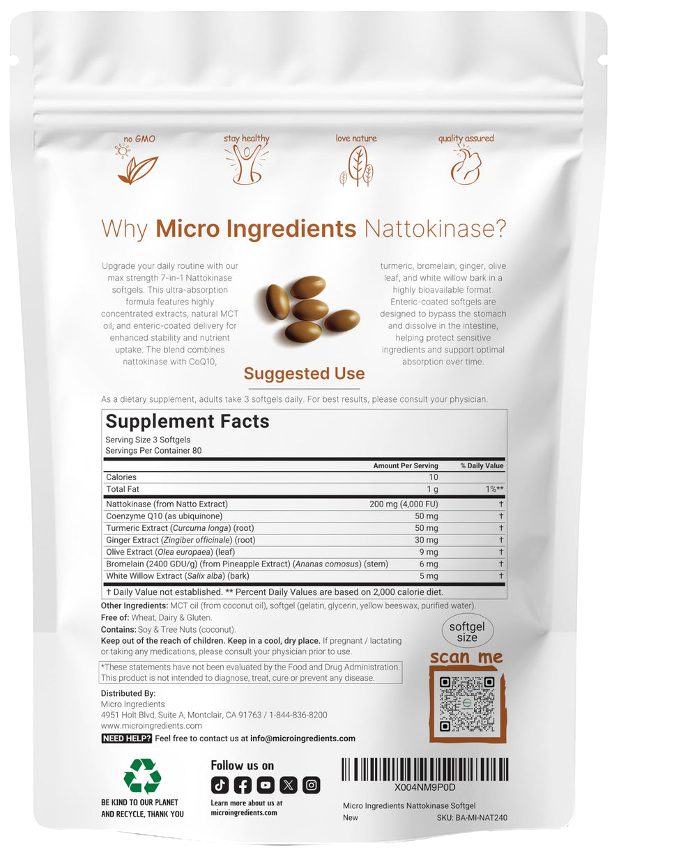 Micro Ingredients nattokinase softgels dosage graphic highlights 200 mg per serving.