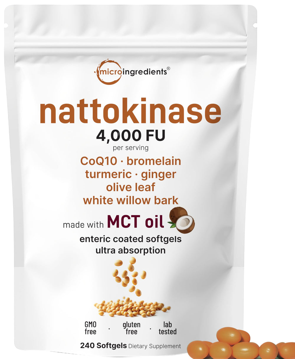 Micro Ingredients nattokinase softgels packaging shows 80-day supply for ongoing use.