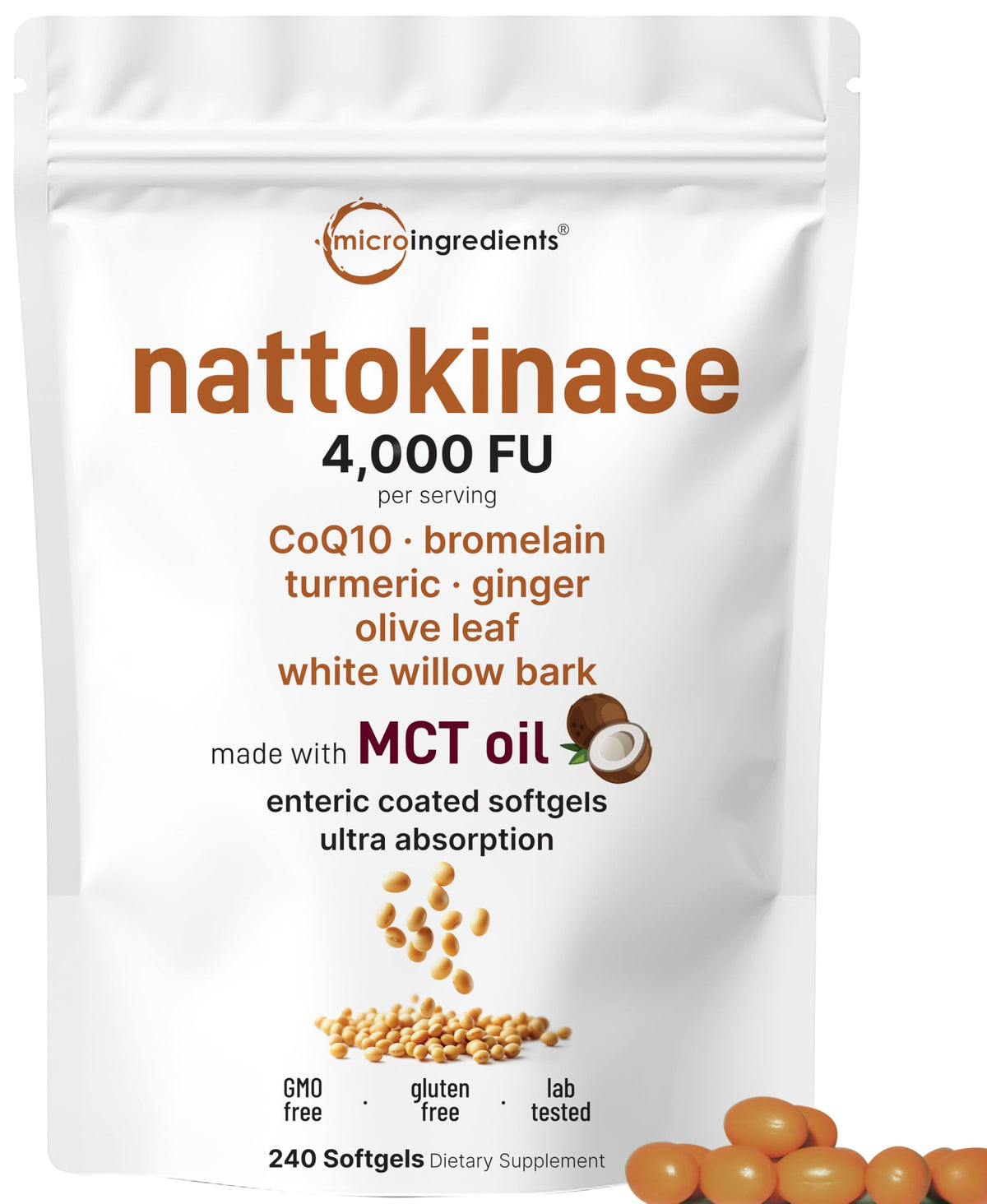 Micro Ingredients nattokinase softgels packaging shows 80-day supply for ongoing use.