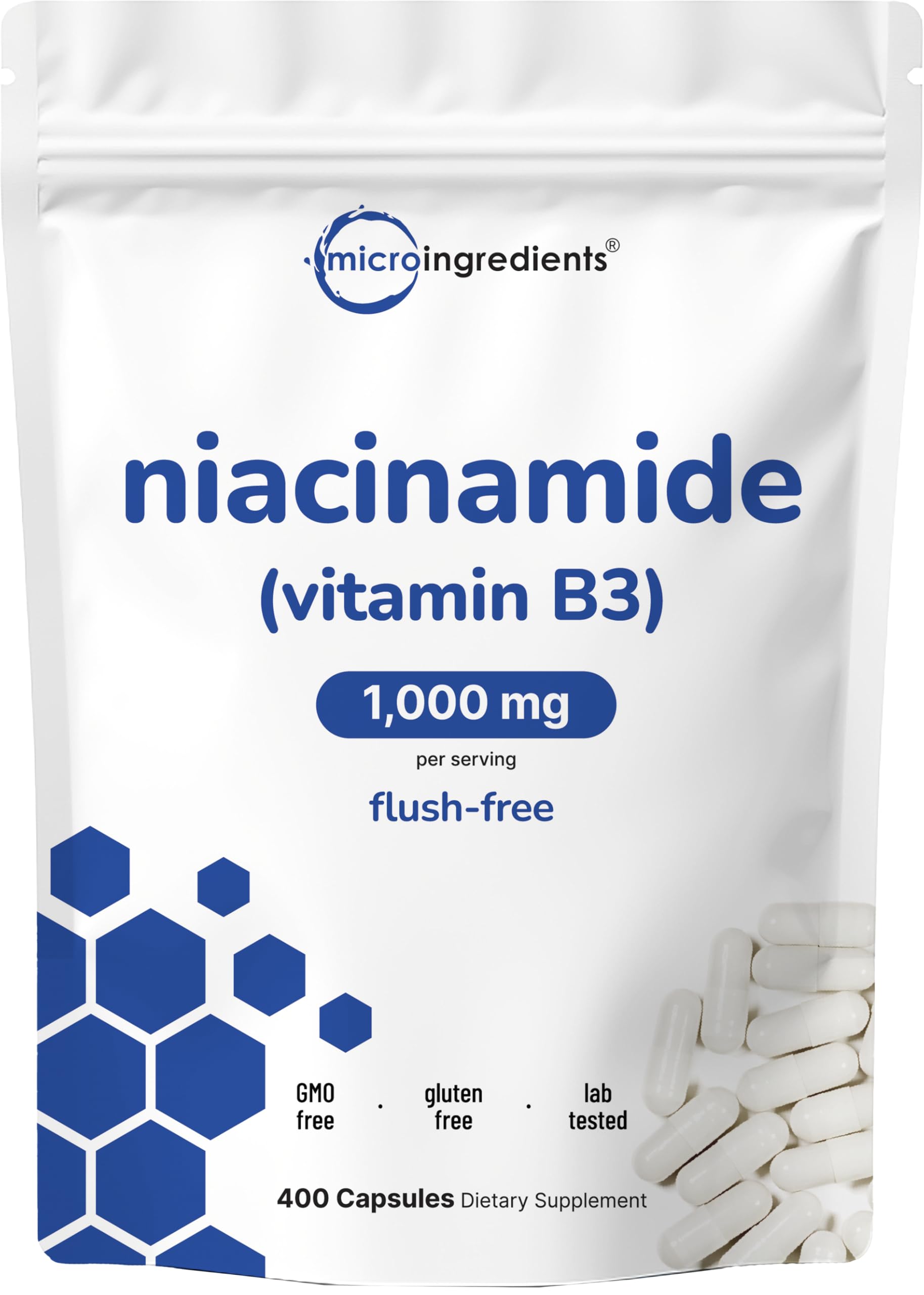 Micro Ingredients Niacinamide 500mg capsules close-up for daily energy support.
